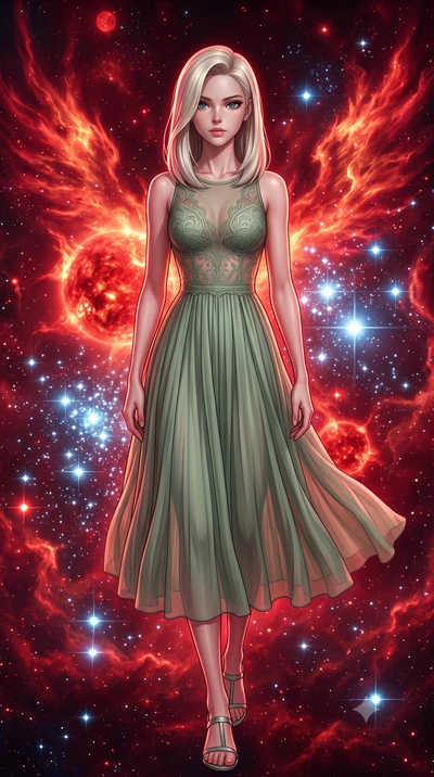 score_9, masterpiece, best quality, ultra-detailed, high-budget anime keyframe, editorial fashion photography, tasteful artistic composition, Caucasian woman, strictly human ears. low angle full-body shot from head to toe showing her feet, filling th