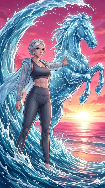 score_9, masterpiece, best quality, ultra-detailed, Set C: High-budget Anime Keyframe, Korean woman. Low angle cowboy shot filling the entire 9:16 frame with her statuesque presence. Summoning a wave of water that turns into a stallion on a beach at 
