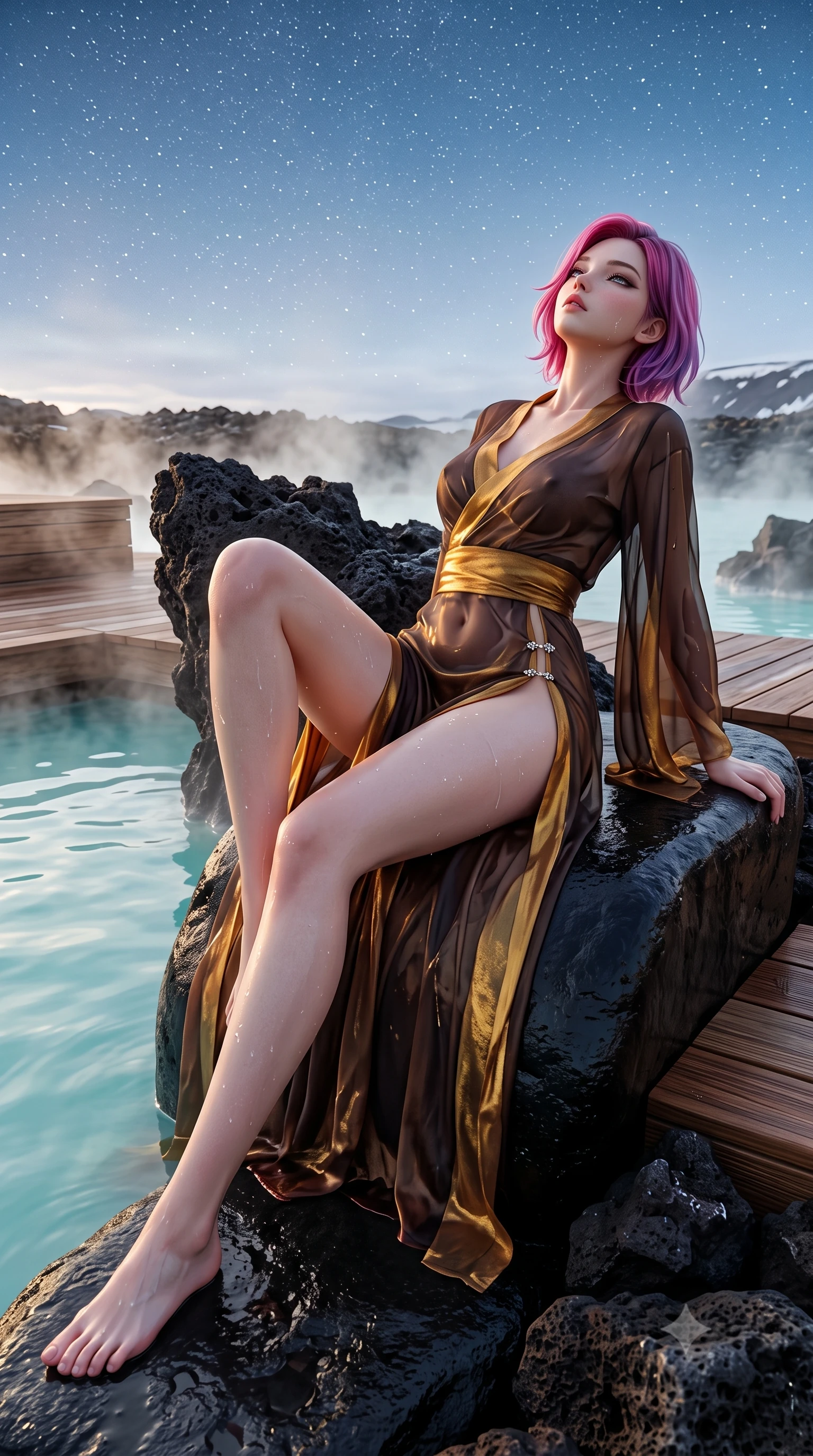 score_9, masterpiece, best quality, ultra-detailed, high-budget anime keyframe, semi-realistic 3D game render, editorial fashion photography, tasteful artistic composition, Caucasian woman. low angle full-body shot from head to toe showing her feet, filling the entire 9:16 vertical frame with her statuesque presence, stretching her vertical silhouette. reclining on her side in an elegant Cleopatra pose with one knee drawn up, the dramatic contour of her rounded hips and long slender legs commanding the 9:16 vertical frame while leaning back against a smooth black lava rock ledge, head tilted back toward the starry Arctic sky as warm water caresses her slender curves. The surrounding environment is rendered in vivid detail and crisp panoramic clarity. sharp porous black lava rock textures, distinct water droplet tracks on skin, and cedar wood grain in deep focus. She has an exceptionally tall and slender model-like 8.5-heads proportion, an ultra-slim waist, a flat toned midriff, narrow delicate ribcage, and beautifully sculpted feminine hips creating a graceful, slim hourglass silhouette without any bulky heaviness, with impossibly long slender legs. sharp v-shaped jawline, high-bridge nose, intricate jewel-like eyes with depth, thick eyelashes, glossy parted lips with a natural sheen, intensely captivating and seductive bedroom-eyes expression, flawlessly proportioned anatomical accuracy, strict slender model proportions, natural body alignment, perfectly sculpted long slender limbs, ultra-slim waistline, clean dynamic posture without body distortion. wearing a delicate semi-translucent silk yukata that clings to her wet skin and curvy hip contours in dark espresso brown and molten gold foil, woven from layered gossamer chiffon with a weightless sweeping drape, finished with an ultra-high side slit secured by miniature jeweled clasps, the glove-like aerodynamic silhouette tightly following the natural contour of her hips and long slender legs with statuesque 8.5-heads elegance. surrounded by an otherworldly, serene, and deeply sensual Arctic geothermal nymph aura. highly saturated vibrant anime colors, detailed shading with soft gradients, rich glossy textures, high-contrast stereoscopic depth, volumetric dynamic lighting, master piece, 9:16 ratio