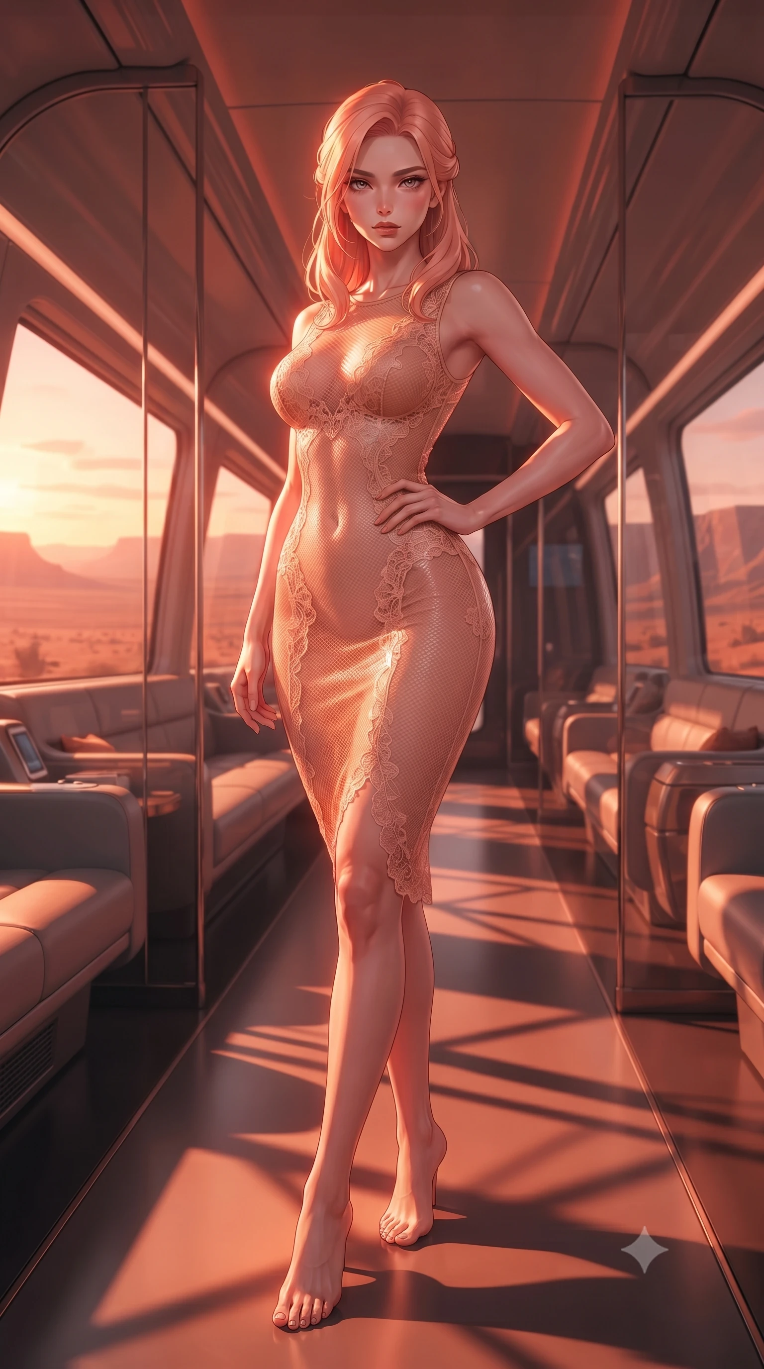 score_9, masterpiece, best quality, ultra-detailed, high-budget anime keyframe, editorial fashion photography, tasteful artistic composition, Japanese woman. low angle full-body shot from head to toe showing her feet, filling the entire 9:16 vertical frame with her statuesque presence, stretching her vertical silhouette. posing confidently with one hand on her hip, stretching her statuesque body to emphasize her curves the background shows a soft-focus the VIP lounge of a futuristic trans-continental train crossing a desert valley. She has an absolutely perfect, statuesque 8.5-heads proportion, an exceptionally tall and slender model-like female figure with impossibly long slender legs and an ultra-slim waist. sharp v-shaped jawline, high-bridge nose, intricate jewel-like eyes with depth, thick eyelashes, glossy lips with a natural sheen. wearing a body-hugging semi-transparent mesh dress in peach, contouring her slender silhouette with delicate lace detailing. the dramatic orange glow of a desert sunset casting long shadows across the cabin. ultra-reflective glossy finish, specular highlights, metallic sheen, high-contrast stereoscopic depth, volumetric dynamic lighting, 2k, ultra detail, master piece, 9:16 ratio