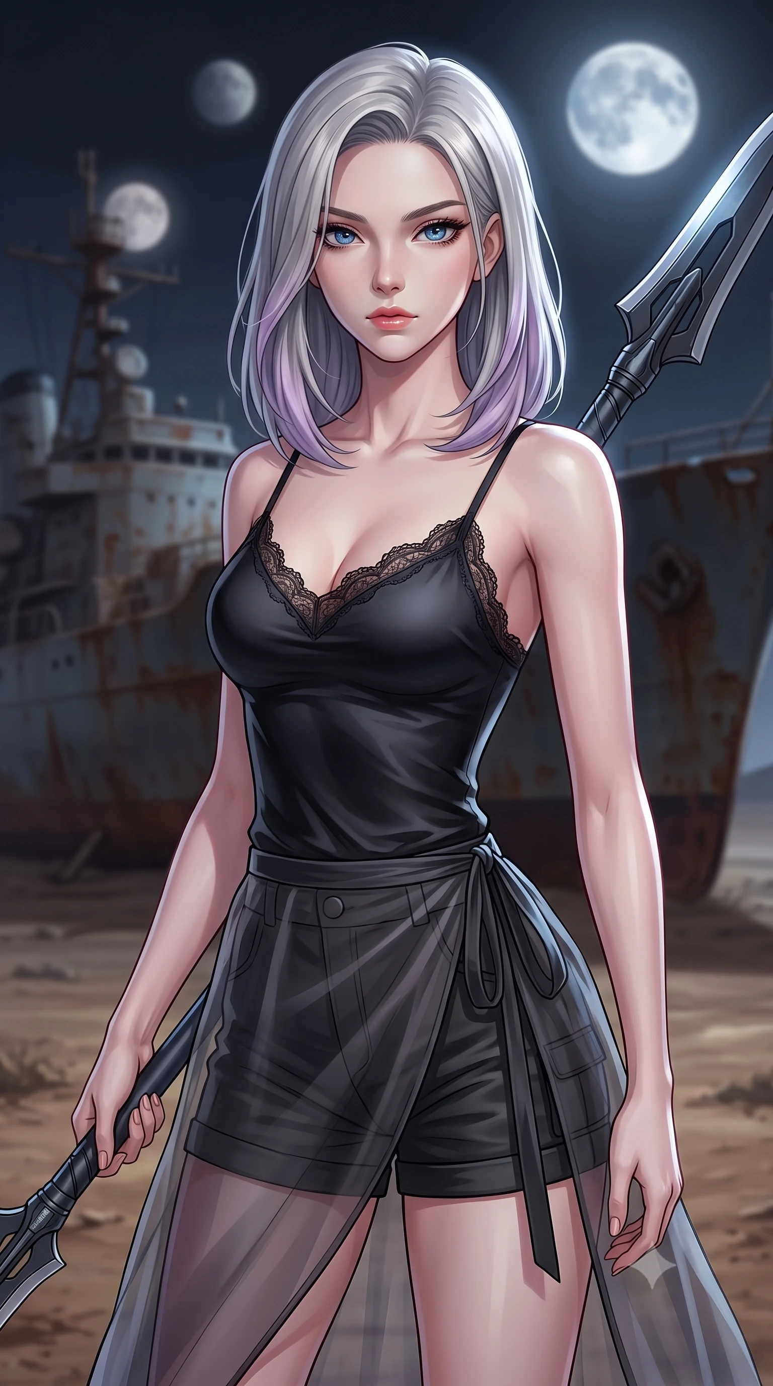 score_9, masterpiece, best quality, ultra-detailed, high-budget anime keyframe, editorial fashion photography, tasteful artistic composition, Caucasian woman. close-up cowboy shot from the waist and thighs up, the character dominates the composition, filling the frame with her large presence, background elements kept in soft focus. holding a deactivated nanotech glaive, looking past the camera with quiet, sharp focus and a composed expression, the background shows a soft-focus a rusted battleship deck parked on a dry dusty plain under two moons. She has an exceptionally elegant, slender, and willowy female figure with an ultra-slim waist, a gracefully sculpted slender torso, and a refined silhouette. sharp v-shaped jawline, high-bridge nose, intricate jewel-like eyes with depth, thick eyelashes, glossy lips with a natural sheen. wearing a form-contouring delicate lace-trim camisole in black silk, paired with a sheer organza wrap skirt and combat shorts. cool silver moonlight casting high-contrast chiaroscuro shadows on her gear. highly saturated vibrant anime colors, detailed shading with soft gradients, rich glossy textures, high-contrast stereoscopic depth, volumetric dynamic lighting, master piece, 9:16 ratio