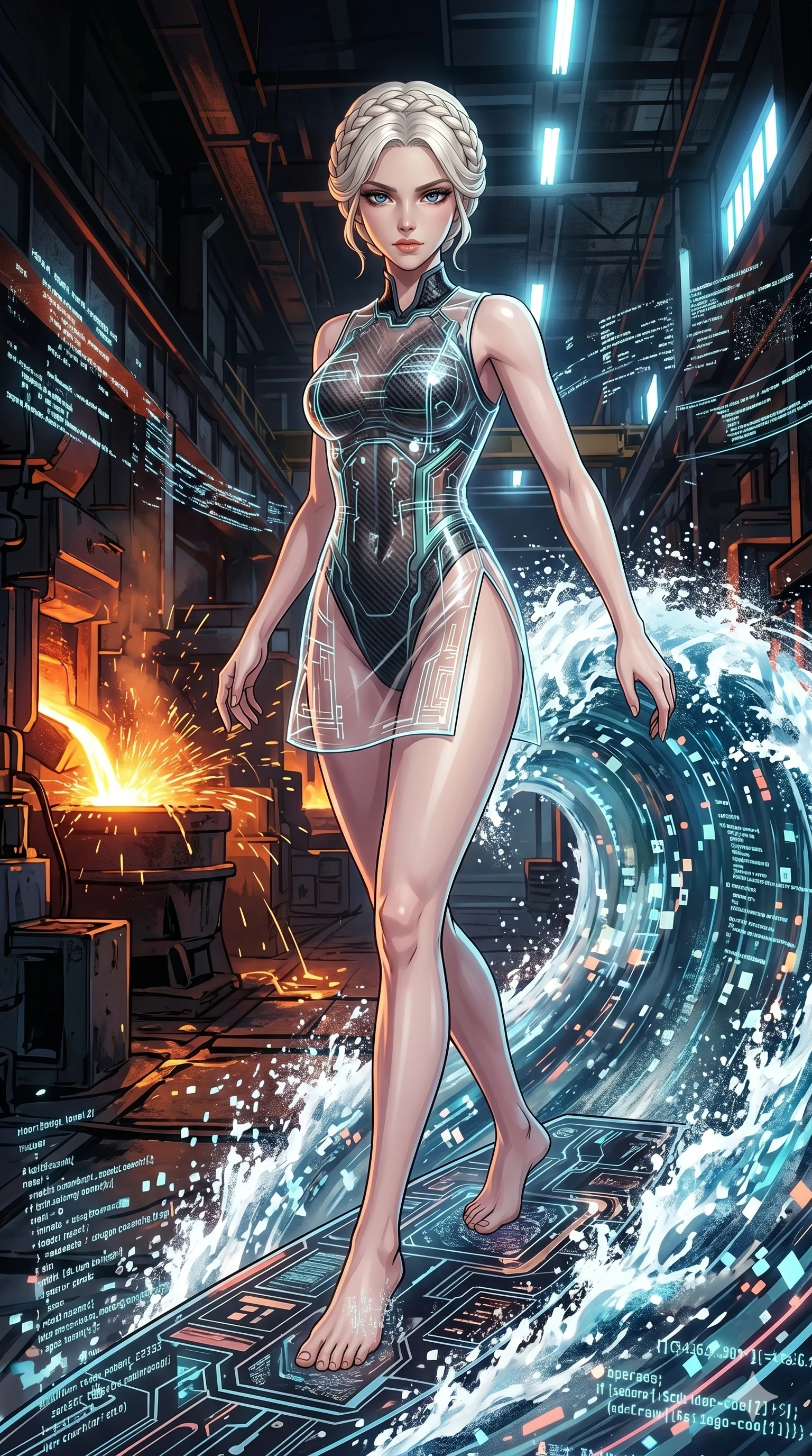 score_9, masterpiece, best quality, ultra-detailed, High-budget Anime Keyframe, vibrant colors, fluid line-art, expressive lighting, cinematic composition, Ufotable-style visual effects, top-tier animation quality, Caucasian woman with pale skin, blonde hair, and (strictly human ears). Cinematic low angle perspective showcasing her towering height and perfect 8-heads proportion. Surfing on a massive wave of pure data within a virtual world, the landscape changing rapidly as she speeds through. She has an absolutely perfect 8-heads proportion, an exceptionally tall and slender female figure with impossibly long slender legs and an ultra-slim waist, her statuesque height and towering silhouette dominating the vertical 9:16 frame. Her face is a masterpiece featuring a sharp v-shaped jawline, high-bridge nose, intricate jewel-like eyes with depth, thick eyelashes, and glossy lips with a natural sheen. She is wearing a Transparent mini-dress with glowing internal circuits and a high-cut structural leotard crafted from Carbon-fiber weave with a high-tech matte finish and integrated glowing filaments, with a dangerous high slit that showcases her impossibly long slender legs. The scene is set in a gritty industrial factory with glowing molten metal, flying sparks, and deep shadows, illuminated by harsh neon light and deep shadows creating a high-contrast noir aesthetic. 2k, ultra detail, master piece, 9:16 ratio