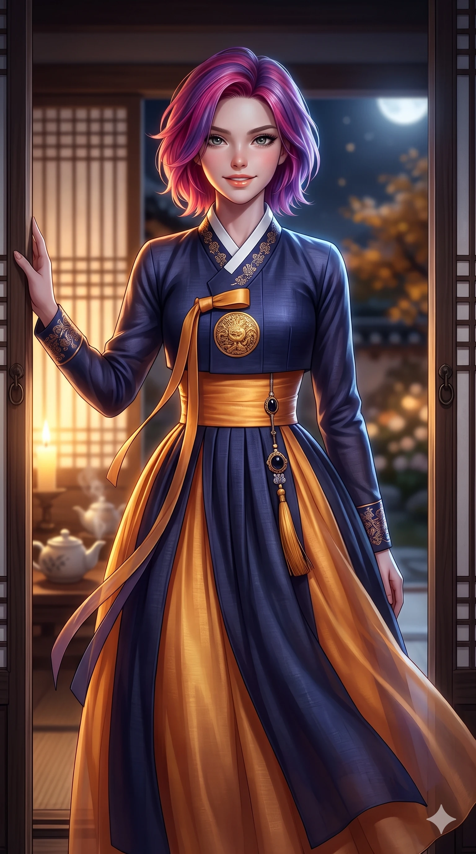 score_9, masterpiece, best quality, ultra-detailed, high-budget anime keyframe, semi-realistic 3D game render, editorial fashion photography, tasteful artistic composition, Caucasian woman. close-up cowboy shot from the waist and thighs up, the character dominates the composition, filling the frame with her large presence. smiling with quiet, magnetic self-assurance directly into the camera, her sculpted waistline catching specular moonbeam highlights while standing poised in the doorway opening, night breezes billowing her sheer silk garments open around her long slender legs. The background shows a soft-focus glowing rice-paper changhoji lattice screens, steaming ceramic teapots, and distant autumn gardens blurred into amber, cream, and charcoal bokeh. She has an exceptionally elegant, slender, and willowy female figure with an ultra-slim waist, flat toned midriff, narrow ribcage, and sculpted feminine hips creating an alluring, slim hourglass silhouette without bulk. sharp v-shaped jawline, high-bridge nose, sparkling eyes with hypnotic seductive depth, thick curled eyelashes, glossy parted lips with a natural dewy peach sheen, alluring bedroom-eyes with an enchanting coquettish smile, exuding magnetic siren charisma and sophisticated glamour, flawlessly proportioned anatomical accuracy, strict slender model proportions, natural body alignment, perfectly sculpted long slender limbs, ultra-slim waistline, clean dynamic posture without body distortion. wearing an elegant long-sleeve embroidered silk chima gown with a structured jeogori bodice and graceful pleated drape in midnight indigo and glowing lantern topaz, woven from bespoke Korean ramie fabric with crisp tactile slub texture, accented with an authentic engraved gold medallion and obsidian cabochons, the impeccably tailored cut draping gracefully along her slender figure with aristocratic eastern poise. bathed in warm golden candlelight glowing from within the interior room mixed with cool moonlight fill. highly saturated vibrant anime colors, detailed shading with soft gradients, rich glossy textures, high-contrast stereoscopic depth, volumetric dynamic lighting, master piece, 9:16 ratio