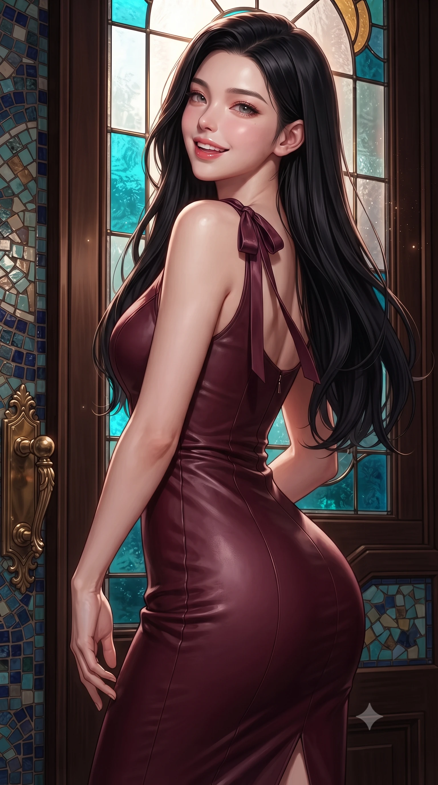 score_9, masterpiece, best quality, ultra-detailed, high-budget anime keyframe, editorial fashion photography, tasteful artistic composition, Korean woman. close-up cowboy shot from the waist and thighs up, the character dominates the composition, filling the frame with her large presence. posing in an alluring rear three-quarter angle, looking over a bare shoulder with parted glossy lips, her hips cocked back to highlight her slim hourglass curve while twisting her slender torso in an alluring contrapposto stance, shimmering turquoise and topaz stained-glass light caressing her narrow waist and curvy hips. The surrounding environment is rendered in vivid detail and crisp panoramic clarity: sharp hand-laid ceramic mosaic tesserae, polished unlacquered brass door furniture, and leaded stained-glass solder lines in deep focus. She has an exceptionally elegant, slender, and willowy female figure with an ultra-slim waist, flat toned midriff, narrow ribcage, and sculpted feminine hips creating an alluring, slim hourglass silhouette without bulk. sharp v-shaped jawline, high-bridge nose, intricate jewel-like sparkling eyes with depth, thick eyelashes, glossy parted lips with a natural peach sheen, bright cheerful beaming smile with an enchanting and coquettish sensual glint, exuding both youthful cute charm and seductive allure, flawlessly proportioned anatomical accuracy, strict slender model proportions, natural body alignment, perfectly sculpted long slender limbs, ultra-slim waistline, clean dynamic posture without body distortion. wearing a glove-like stretch lambskin leather sheath dress accentuating her ultra-slim waistline in Franschhoek vineyard pinotage burgundy and oak honey, woven from buttery-soft stretch lambskin leather adhering to her body like a second skin, finished with satin ribbon ties at the shoulders fluttering in the gentle breeze, the impeccably tailored cut draping gracefully along her slender figure with aristocratic poise. illuminated by marble floor reflection bounce and sharp rose-gold rim lights sculpting her jawline, narrow waist, and curvy hips. ultra-reflective glossy finish, specular highlights, rich textural contrasts, high-contrast stereoscopic depth, volumetric dynamic lighting, 2k, ultra detail, master piece, 9:16 ratio