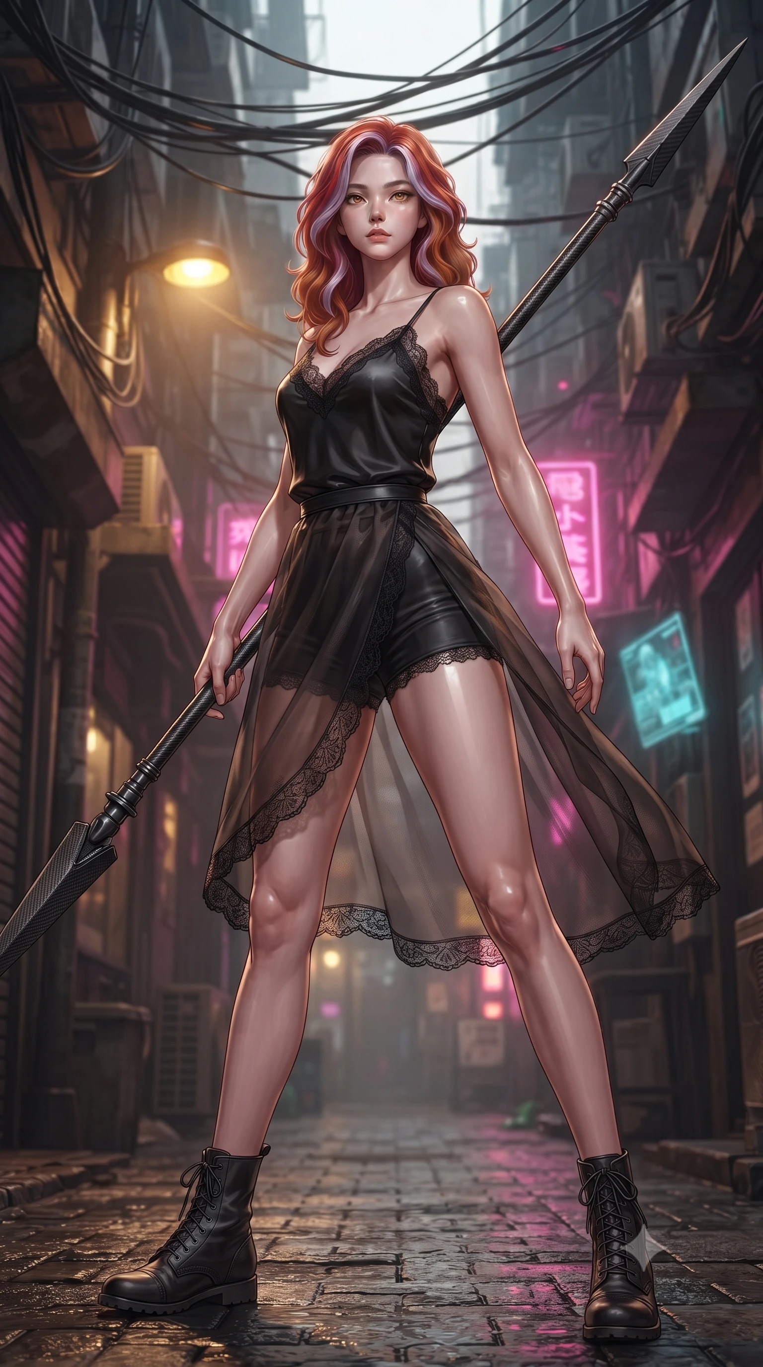 score_9, masterpiece, best quality, ultra-detailed, high-budget anime keyframe, editorial fashion photography, tasteful artistic composition, Caucasian woman. low angle full-body shot from head to toe showing her feet, filling the entire 9:16 vertical frame with her statuesque presence, stretching her vertical silhouette. standing in a dynamic combat stance with a carbon-fiber spear held diagonally, stretching her statuesque body, the background shows a soft-focus a narrow cyber-bazaar alleyway under a dense canopy of hanging cables and wires. She has an absolutely perfect, statuesque 8.5-heads proportion, an exceptionally tall and slender model-like female figure with impossibly long slender legs and an ultra-slim waist. sharp v-shaped jawline, high-bridge nose, intricate jewel-like eyes with depth, thick eyelashes, glossy lips with a natural sheen. wearing a tailored delicate lace-trim camisole in black silk, paired with a sheer organza wrap skirt and combat shorts. warm sodium yellow streetlamps contrasting with sharp electric pink accents. ultra-reflective glossy finish, specular highlights, metallic sheen, high-contrast stereoscopic depth, volumetric dynamic lighting, 2k, ultra detail, master piece, 9:16 ratio
