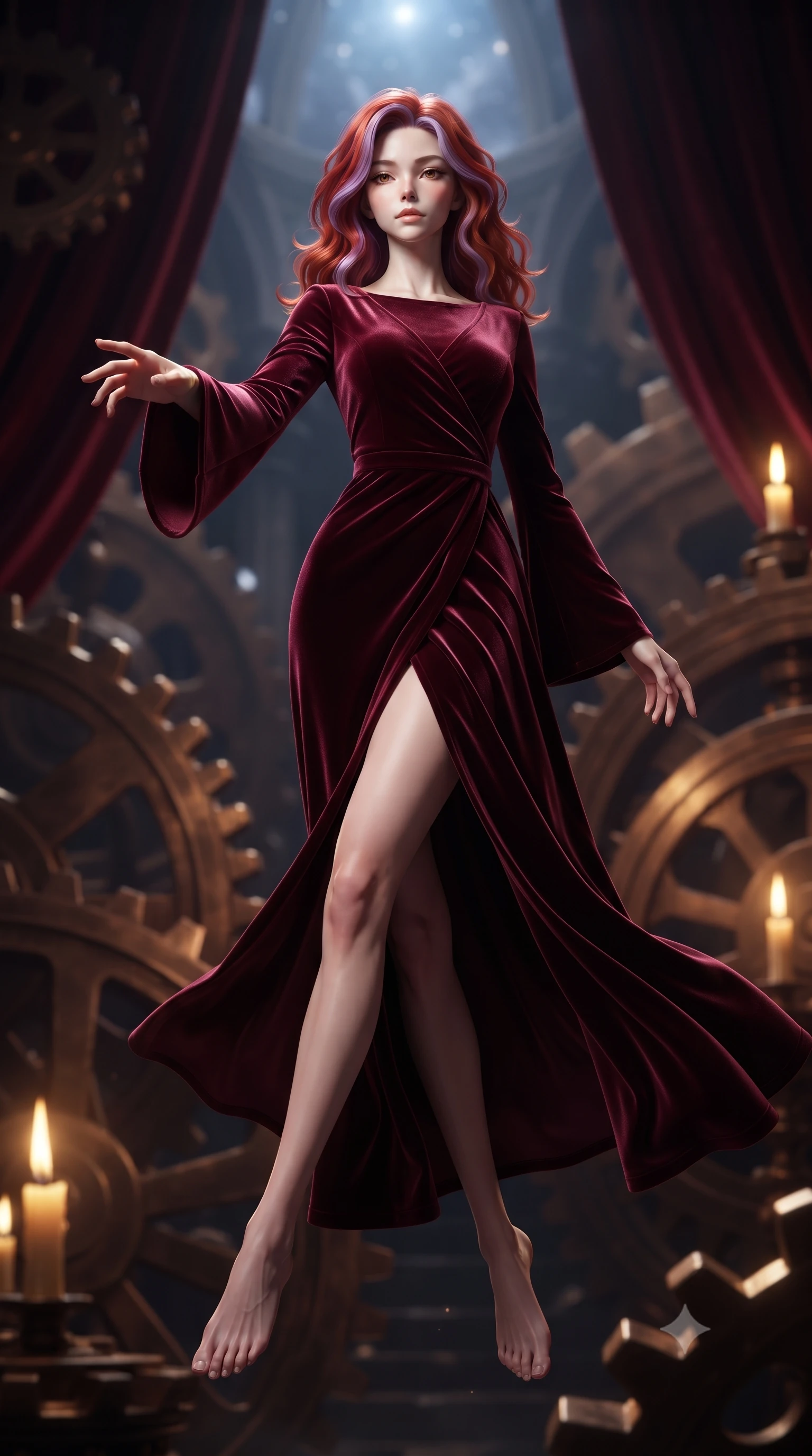 score_9, masterpiece, best quality, ultra-detailed, high-budget anime keyframe, editorial fashion photography, tasteful artistic composition, Caucasian woman woman. low angle full-body shot from head to toe showing her feet, filling the entire 9:16 vertical frame with her statuesque presence, stretching her vertical silhouette. She has an absolutely perfect, statuesque 8.5-heads proportion, an exceptionally tall and slender model-like female figure with impossibly long slender legs and an ultra-slim waist. floating dynamically in zero-gravity with flawless poise, reaching her hand forward gracefully, flawlessly proportioned anatomical accuracy, natural body alignment, perfectly sculpted elegant limbs, clean dynamic posture without body distortion. set against a soft-focus background of a high space cathedral nave with rotating bronze gears and velvet drapes. wearing a luxurious velvet wrap gown with long bell sleeves and a modest boat neckline. bathed in dramatic chiaroscuro key light with flickering golden candlelight. ultra-reflective glossy finish, specular highlights, metallic sheen, high-contrast stereoscopic depth, volumetric dynamic lighting, 2k, ultra detail, master piece, 9:16 ratio