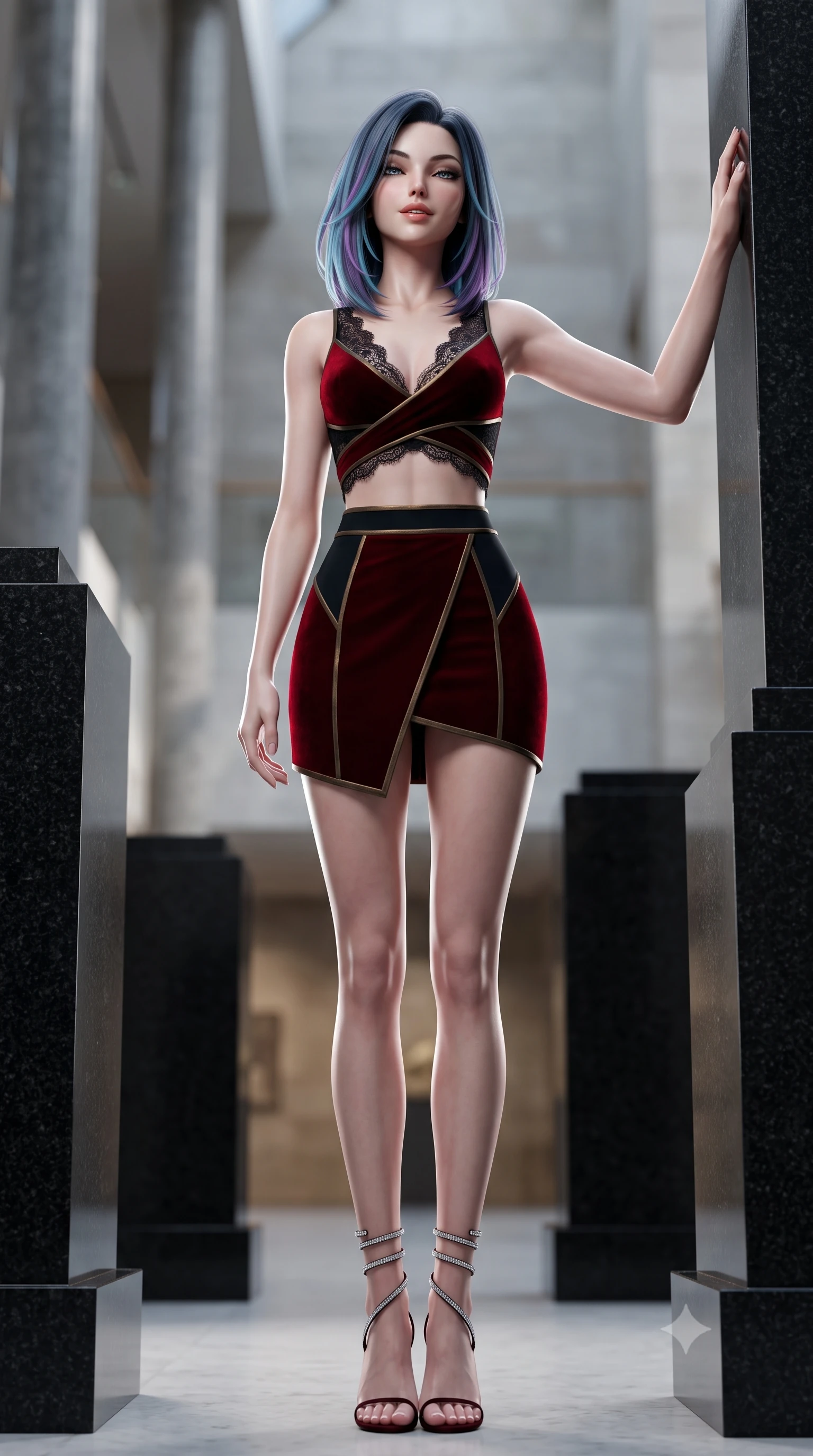 score_9, masterpiece, best quality, ultra-detailed, high-budget anime keyframe, semi-realistic 3D game render, editorial fashion photography, tasteful artistic composition, Caucasian woman. low angle full-body shot from head to toe showing her feet, filling the entire 9:16 vertical frame with her statuesque presence, stretching her vertical silhouette. standing tall beside the architectural column, one hand resting high while arching her lower back to emphasize her sculpted feminine hips and slender waist while standing tall between towering black granite pedestals, arching her back with sovereign minimalist fashion authority. The background shows a soft-focus high ceiling space softened in cavernous museum shallow focus. She has an absolutely perfect, statuesque 8.5-heads proportion, an exceptionally tall and slender model-like female figure with impossibly long slender legs, an ultra-slim waist, a flat toned midriff, narrow delicate ribcage, and beautifully sculpted feminine hips creating a graceful, slim hourglass silhouette without any bulky heaviness. sharp v-shaped jawline, high-bridge nose, sparkling eyes with hypnotic seductive depth, thick curled eyelashes, glossy parted lips with a natural dewy peach sheen, alluring bedroom-eyes with an enchanting coquettish smile, exuding magnetic siren charisma and sophisticated glamour, flawlessly proportioned anatomical accuracy, strict slender model proportions, natural body alignment, perfectly sculpted long slender limbs, ultra-slim waistline, clean dynamic posture without body distortion. wearing a high-waisted architectural wrap mini skirt with clean structural lines paired with a plunging criss-cross crop top in deep blood-red velvet and midnight obsidian black with antique bronze trims, made of delicate semi-sheer French Chantilly lace with intricate eyelash edges, complemented by strappy stiletto sandals with crystal ankle wraps accentuating her slender calves, the liquid-tight tailored fabric clinging flawlessly to her narrow waist and rounded feminine hips, emphasizing every millimeter of her sculpted slim hourglass curves without any bulky heaviness. illuminated by floor bounce fill and sharp high-contrast white rim lights sculpting her jawline, flat midriff, and voluptuous hip curves. highly saturated vibrant anime colors, detailed shading with soft gradients, rich glossy textures, high-contrast stereoscopic depth, volumetric dynamic lighting, master piece, 9:16 ratio