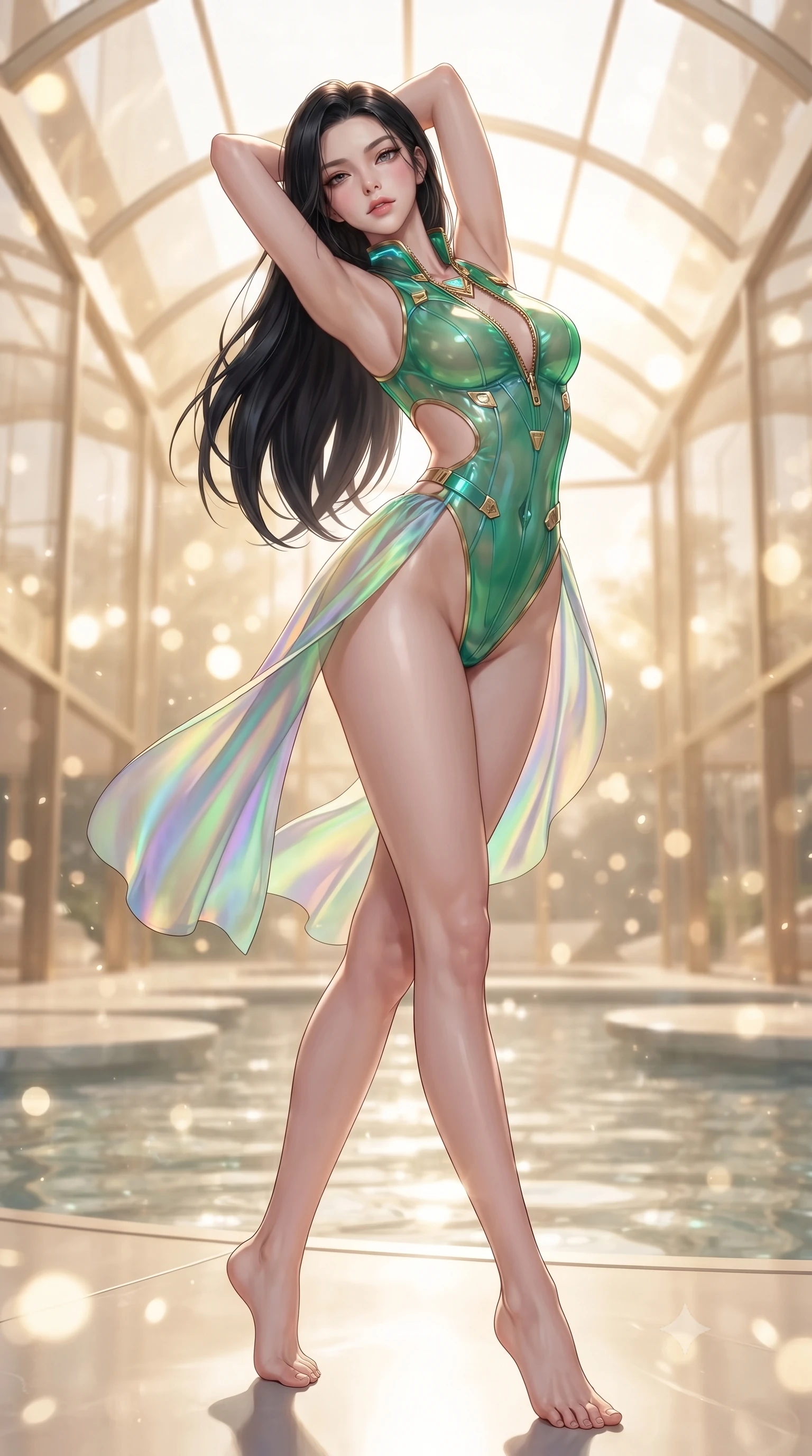 score_9, masterpiece, best quality, ultra-detailed, high-budget anime keyframe, editorial fashion photography, tasteful artistic composition, Korean woman. low angle full-body shot from head to toe showing her feet, filling the entire 9:16 vertical frame with her statuesque presence, stretching her vertical silhouette. arching her back in a fluid zero-gravity turn with sovereign grace, her long slender legs and sculpted torso creating a sweeping line while arching her spine in a fluid motion beneath a soaring champagne glass canopy in radiant morning light. The composition keeps background elements in soft focus with creamy bokeh. champagne-tinted glass reflections and shimmering water surfaces blurred into glowing golden bokeh. She has an absolutely perfect, statuesque 8.5-heads proportion, an exceptionally tall and slender model-like female figure with impossibly long slender legs, a toned flat midriff, and an ultra-slim waist. sharp v-shaped jawline, high-bridge nose, intricate jewel-like eyes with depth, thick eyelashes, glossy lips with a natural sheen, flawlessly proportioned anatomical accuracy, strict slender model proportions, natural body alignment, perfectly sculpted long slender limbs, ultra-slim waistline, clean dynamic posture without body distortion. wearing a high-cut translucent vinyl leotard with front paneling, exposed side-rib cutouts, and an open back in bright emerald green satin and gold hardware, made of smooth iridescent silk chiffon that shifts colors with movement, featuring a dangerously unzipped neckline framed by glowing cybernetic accents, the form-contouring material adhering flawlessly to her sculpted flat midriff and slender torso, emphasizing her long leg lines and perfectly proportioned willowy build. surrounded by an opulent, luminous, and enchantingly seductive contemporary pavilion ambiance. ultra-reflective glossy finish, specular highlights, metallic sheen, high-contrast stereoscopic depth, volumetric dynamic lighting, 2k, ultra detail, master piece, 9:16 ratio