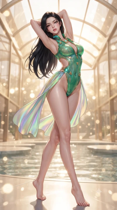 score_9, masterpiece, best quality, ultra-detailed, high-budget anime keyframe, editorial fashion photography, tasteful artistic composition, Korean woman. low angle full-body shot from head to toe showing her feet, filling the entire 9:16 vertical f