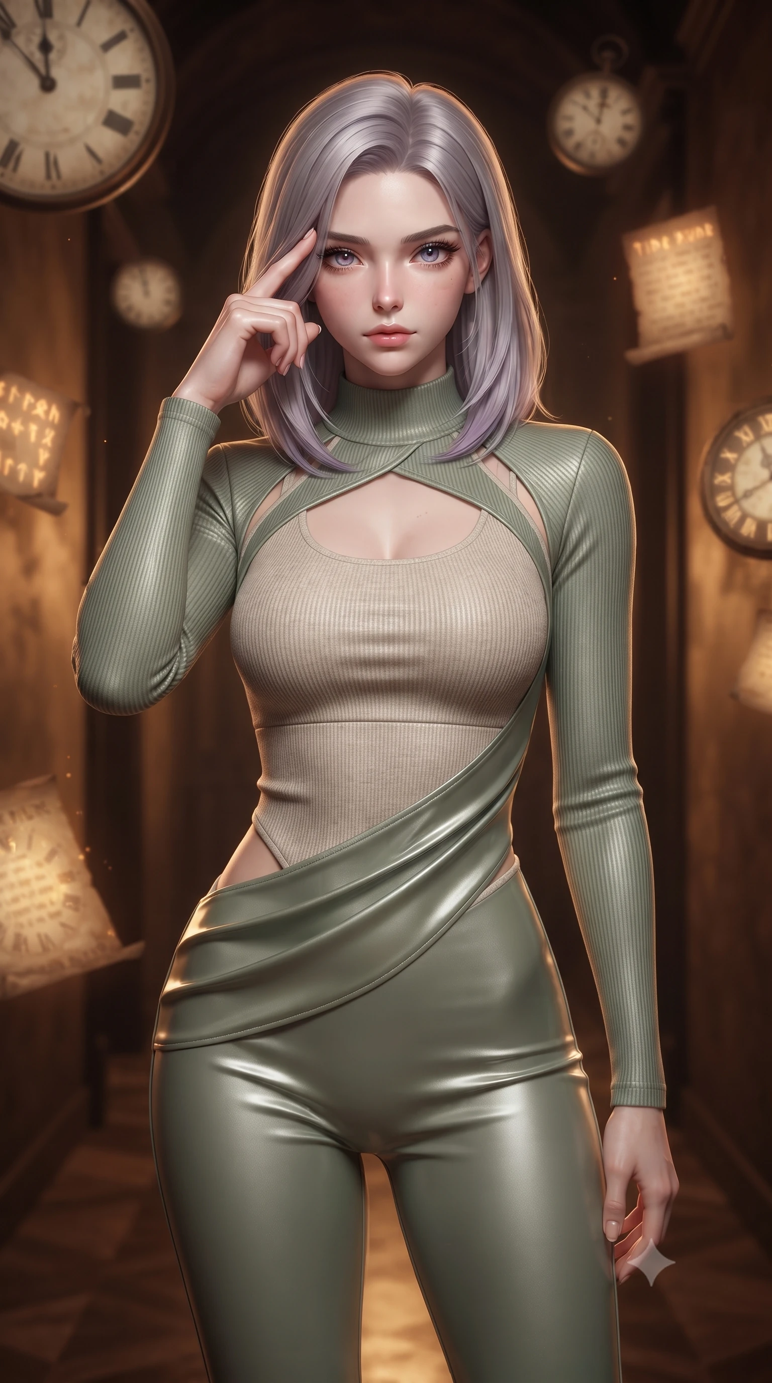 score_9, masterpiece, best quality, ultra-detailed, high-budget anime keyframe, editorial fashion photography, tasteful artistic composition, Caucasian woman. close-up cowboy shot from the waist and thighs up, the character dominates the composition, filling the frame with her large presence, background elements kept in soft focus. Pressing two fingers to her temple in a composed thoughtful gesture with an air of magnetic charisma standing in a corridor where antique clock dials and historical parchments float in amber light, warm antique paper and bronze textures bathed in rich chiaroscuro. She has an exceptionally elegant, slender, and willowy female figure with an ultra-slim waist, a gracefully sculpted slender torso, and a refined silhouette. sharp v-shaped jawline, high-bridge nose, intricate jewel-like eyes with depth, thick eyelashes, glossy lips with a natural sheen. wearing a form-fitting ribbed activewear set with collar cutouts in sage green and oatmeal, crafted from lustrous satin jersey with fluid draping, featuring clean architectural cutouts along her slender torso, the form-contouring material highlighting her ultra-slim waist and long lines. illuminated by glowing time runes and soft bronze specular highlights. ultra-reflective glossy finish, specular highlights, metallic sheen, high-contrast stereoscopic depth, volumetric dynamic lighting, 2k, ultra detail, master piece, 9:16 ratio