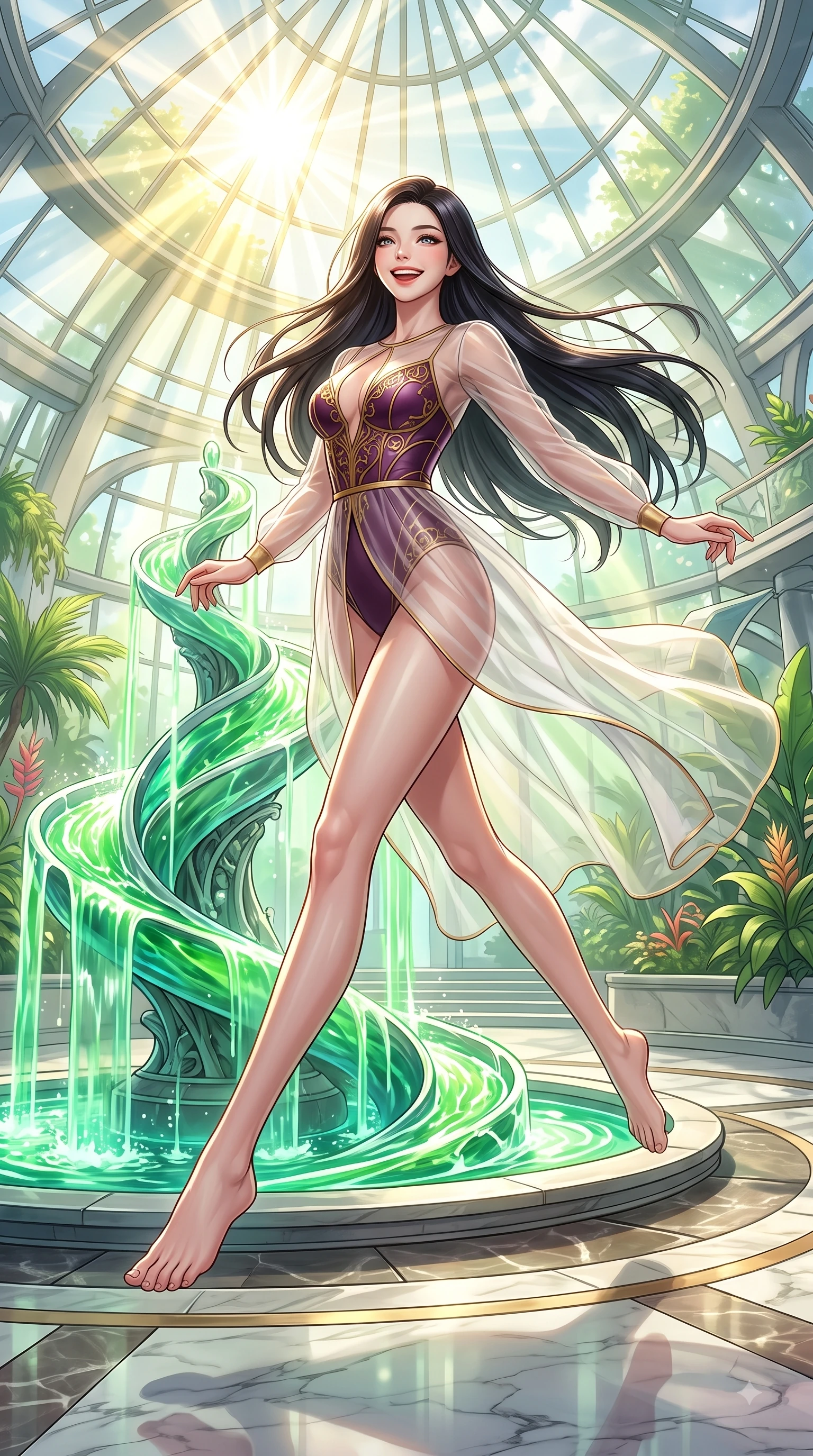 score_9, masterpiece, best quality, ultra-detailed, high-budget anime keyframe, editorial fashion photography, tasteful artistic composition, Korean woman. low angle full-body shot from head to toe showing her feet, filling the entire 9:16 vertical frame with her statuesque presence, stretching her vertical silhouette. leaping with pure joy through mid-air with a radiant bright smile, her impossibly long slender legs stretched in perfect balance while pivoting dynamically beside a hydro-flow spiral fountain flowing with bright emerald sap, intense volumetric sunbeams filtering through the glass dome ceiling in bright golden rays. She has an absolutely perfect, statuesque 8.5-heads proportion, an exceptionally tall and slender model-like female figure with impossibly long slender legs and an ultra-slim waist. sharp v-shaped jawline, high-bridge nose, intricate jewel-like eyes with depth, thick eyelashes, glossy lips with a natural sheen, flawlessly proportioned anatomical accuracy, natural body alignment, perfectly sculpted elegant limbs, clean dynamic posture without body distortion. wearing a semi-opaque sheer overlay dress over a leather micro-bodysuit in plum purple and gold filigree, woven from fine semi-opaque sheer organza, accented with a Tasteful chest slit framing her clavicle gracefully, the form-contouring material highlighting her ultra-slim waist and long lines. surrounded by a bright, airy greenhouse ambiance with radiant white and green highlights. highly saturated vibrant anime colors, detailed shading with soft gradients, rich glossy textures, high-contrast stereoscopic depth, volumetric dynamic lighting, master piece, 9:16 ratio