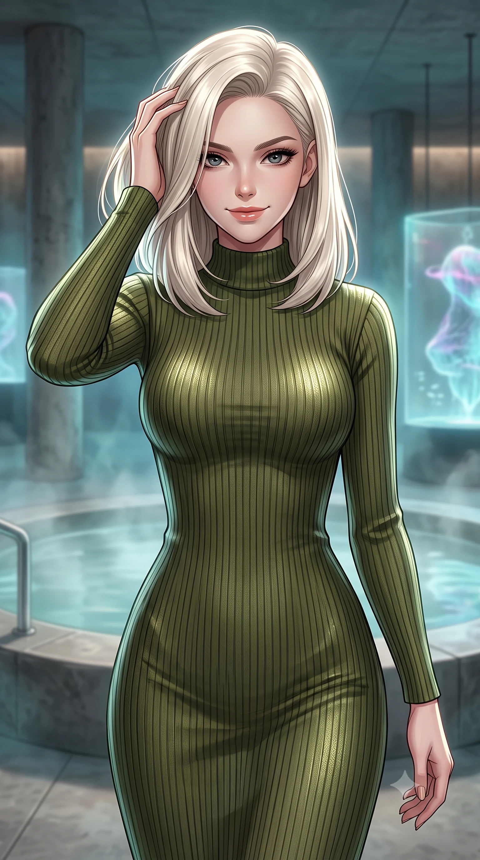 score_9, masterpiece, best quality, ultra-detailed, high-budget anime keyframe, editorial fashion photography, tasteful artistic composition, Caucasian woman. close-up cowboy shot from the waist and thighs up, the character dominates the composition, filling the frame with her large presence, background elements kept in soft focus. slowly running a hand through her hair, smiling with quiet, magnetic self-assurance directly into the camera, the background shows a soft-focus a geothermal bath art gallery lounge with concrete pillars and holographic art. She has an exceptionally elegant, slender, and willowy female figure with an ultra-slim waist, a gracefully sculpted slender torso, and a refined silhouette. sharp v-shaped jawline, high-bridge nose, intricate jewel-like eyes with depth, thick eyelashes, glossy lips with a natural sheen. wearing a tailored body-hugging ribbed carbon-fiber knit bodycon midi dress in olive green, featuring a snug mock-neck. focused spotlights casting sharp, detailed highlights on her clothing. highly saturated vibrant anime colors, detailed shading with soft gradients, rich glossy textures, high-contrast stereoscopic depth, volumetric dynamic lighting, master piece, 9:16 ratio
