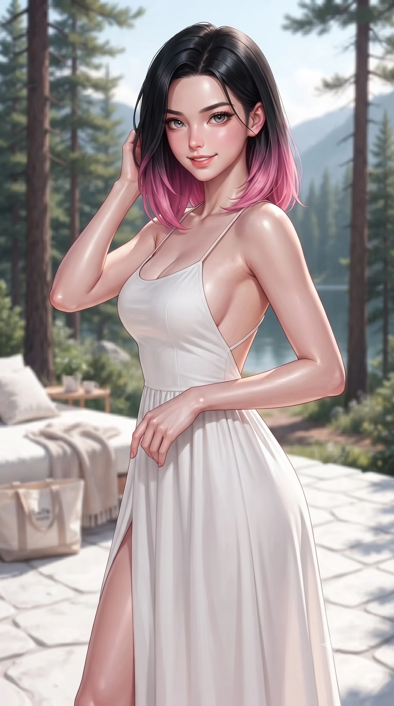 score_9, masterpiece, best quality, ultra-detailed, high-budget anime keyframe, editorial fashion photography, tasteful artistic composition, Korean woman. close-up cowboy shot from the waist and thighs up, the character dominates the composition, filling the frame with her large presence, background elements kept in soft focus. smiling cutely with an air of effortless superiority and magnetic charm set against a soft-focus background of on a cozy glamping deck surrounded by tall pine trees and a quiet mountain lake with a soft linen beach towel and a cute canvas tote bag nearby. She has an exceptionally elegant, slender, and willowy female figure with an ultra-slim waist, a gracefully sculpted slender torso, and a refined silhouette. sharp v-shaped jawline, high-bridge nose, intricate jewel-like eyes with depth, thick eyelashes, glossy lips with a natural sheen. wearing form-contouring backless cotton sundress in white, featuring delicate straps and a long flowing skirt. bright midday sun casting crisp, clean shadows on the white stone deck. ultra-reflective glossy finish, specular highlights, metallic sheen, high-contrast stereoscopic depth, volumetric dynamic lighting, 2k, ultra detail, master piece, 9:16 ratio