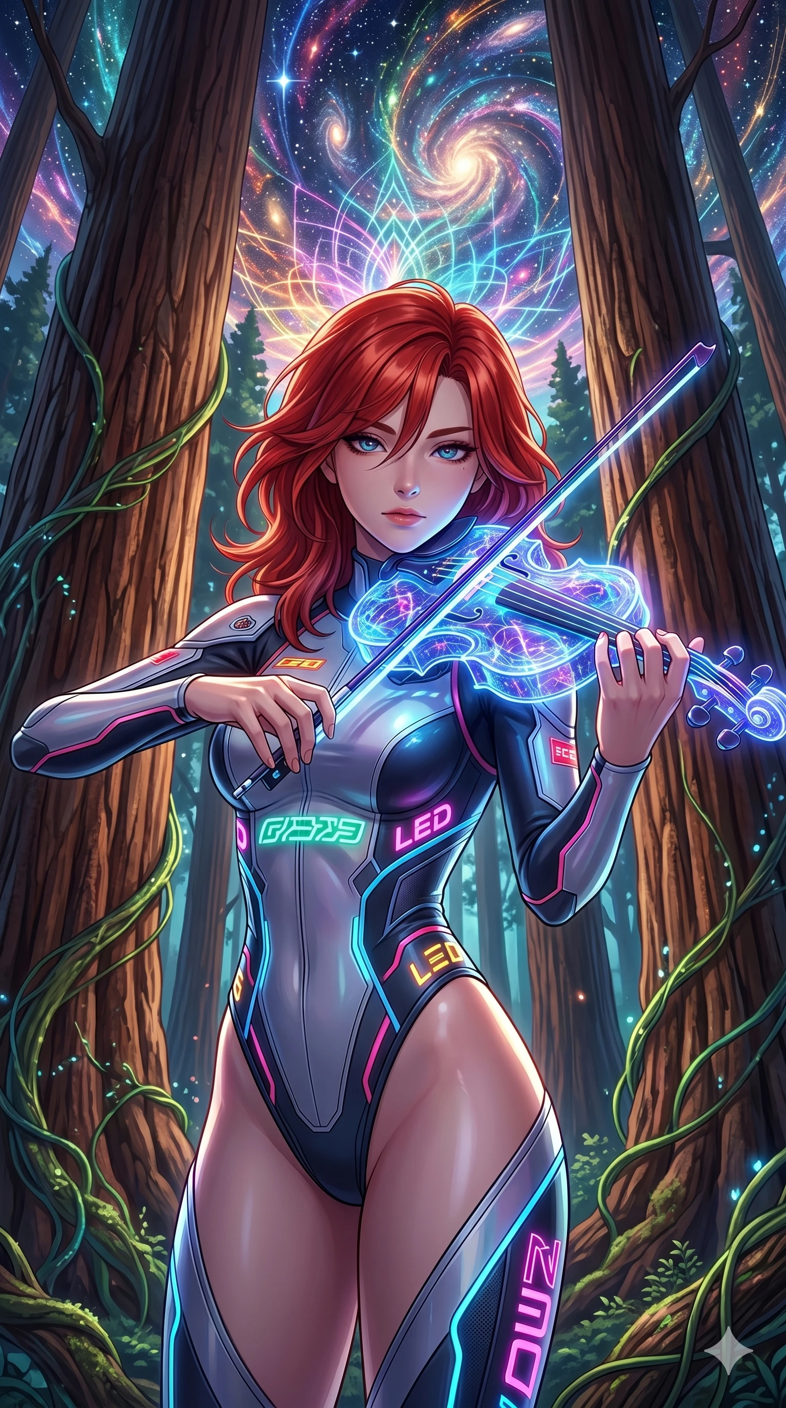 score_9, masterpiece, best quality, ultra-detailed, Set A: High-budget Anime Keyframe, Japanese woman. Upper body close-up from the thighs up, character filling the screen for maximum presence. Theme: Primal Nature. playing a holographic violin in a giant redwood forest with glowing vines, with a look of serene power as the sky splits into 108 colors. The atmosphere is filled with a swirling vortex of stars. She has an absolutely perfect 8-heads proportion, an exceptionally tall and slender female figure with impossibly long slender legs and an ultra-slim waist. Sharp v-shaped jawline, high-bridge nose, intricate jewel-like eyes with depth, glossy lips. Wearing High-cut racing bodysuit with glowing sponsor-logos and sleek aerodynamic lines. Cinematic lighting, vivid colors, dramatic shadows, 2k, ultra detail, master piece, 9:16 ratio