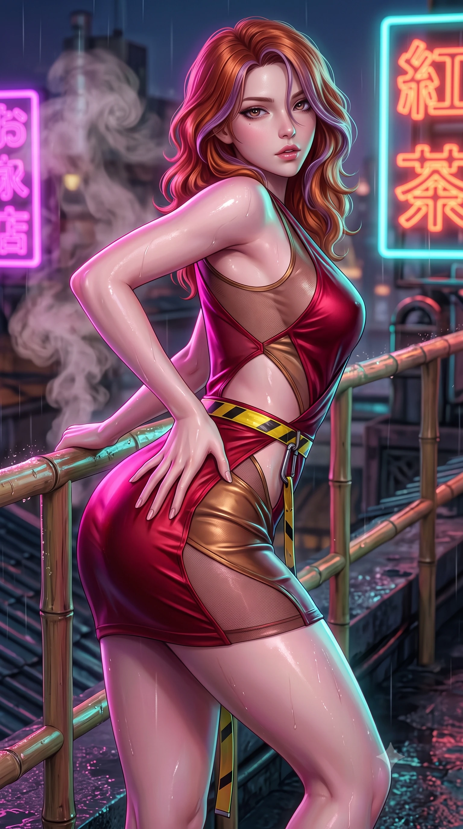 score_9, masterpiece, best quality, ultra-detailed, high-budget anime keyframe, semi-realistic 3D game render, editorial fashion photography, tasteful artistic composition, Caucasian woman. close-up cowboy shot from the waist and thighs up, the character dominates the composition, filling the frame with her large presence. arching her spine backward with effortless dancer poise, one hand sliding along her hip line as directional light carves specular highlights along her silhouette while leaning deep against a rain-slicked rooftop bamboo railing with hips cocked back, looking over her shoulder as neon reflections wash over her curvy silhouette. The composition keeps background elements in soft focus with creamy bokeh. swirling tea steam vapors and glowing neon kanji signs blurred into electric magenta, turquoise, and lantern-scarlet bokeh. She has an exceptionally elegant, slender, and willowy female figure with an ultra-slim waist, a gracefully sculpted slender torso, toned flat midriff, and rounded feminine hips creating an alluring hourglass silhouette. sharp v-shaped jawline, high-bridge nose, intricate jewel-like eyes with depth, thick eyelashes, glossy parted lips with a natural sheen, intensely captivating and seductive bedroom-eyes expression, flawlessly proportioned anatomical accuracy, strict slender model proportions, natural body alignment, perfectly sculpted long slender limbs, ultra-slim waistline, clean dynamic posture without body distortion. wearing a form-contouring wet-look silk wrap dress with asymmetrical sheer mesh cutouts in rich crimson silk and liquid bronze, made of breathable technical athletic mesh and liquid-finish track nylon, finished with high-visibility hazard warning tape details and carabiner clips, the glove-like aerodynamic silhouette tightly following the natural contour of her hips and long slender legs with statuesque precision. illuminated by wet specular asphalt bounce lights sharply sculpting her narrow waist and rounded hips. highly saturated vibrant anime colors, detailed shading with soft gradients, rich glossy textures, high-contrast stereoscopic depth, volumetric dynamic lighting, master piece, 9:16 ratio