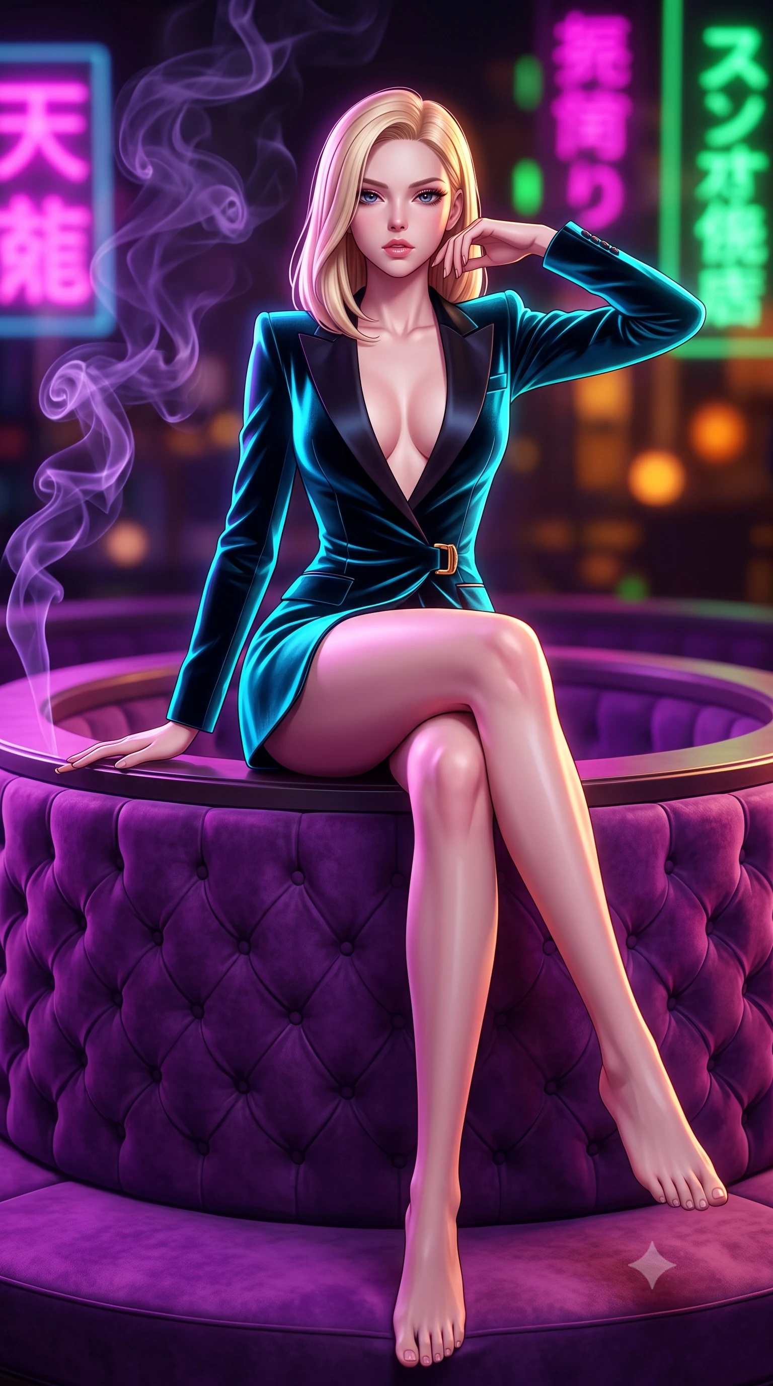 score_9, masterpiece, best quality, ultra-detailed, high-budget anime keyframe, semi-realistic 3D game render, editorial fashion photography, tasteful artistic composition, Korean woman. low angle full-body shot from head to toe showing her feet, filling the entire 9:16 vertical frame with her statuesque presence, stretching her vertical silhouette. sitting perched on the elevated edge with hips angled toward the camera and legs crossed, displaying her toned midriff and flawlessly sculpted slender limbs while reclining on a tufted purple velvet circular booth propped on one elbow, her slender waist and curved hips sculpted by neon chiaroscuro. The composition keeps background elements in soft focus with creamy bokeh. swirling violet cigar smoke wisps and neon kanji holographic signs blurred into hot magenta, laser green, and deep amber bokeh. She has an exceptionally tall and slender model-like 8.5-heads proportion, an ultra-slim waist, a flat toned midriff, narrow delicate ribcage, and beautifully sculpted feminine hips creating a graceful, slim hourglass silhouette without any bulky heaviness, with impossibly long slender legs. sharp v-shaped jawline, high-bridge nose, intricate jewel-like eyes with depth, thick eyelashes, glossy parted lips with a natural sheen, intensely captivating and seductive bedroom-eyes expression, flawlessly proportioned anatomical accuracy, strict slender model proportions, natural body alignment, perfectly sculpted long slender limbs, ultra-slim waistline, clean dynamic posture without body distortion. wearing a tailored velvet tuxedo jacket dress with satin lapels, worn with a deep plunge neckline and gold hip buckle in neon electric cyan and lacquer black, tailored from water-resistant treated wool gabardine and flexible stretch silk, finished with criss-cross back satin straps highlighting her graceful shoulder blades, the second-skin form-contouring cut accentuating her sculpted flat midriff, narrow delicate ribcage, and gracefully curvy hips with supermodel precision. illuminated by crisp directional edge lights defining her sculpted clavicle, flat midriff, and rounded hips. highly saturated vibrant anime colors, detailed shading with soft gradients, rich glossy textures, high-contrast stereoscopic depth, volumetric dynamic lighting, master piece, 9:16 ratio