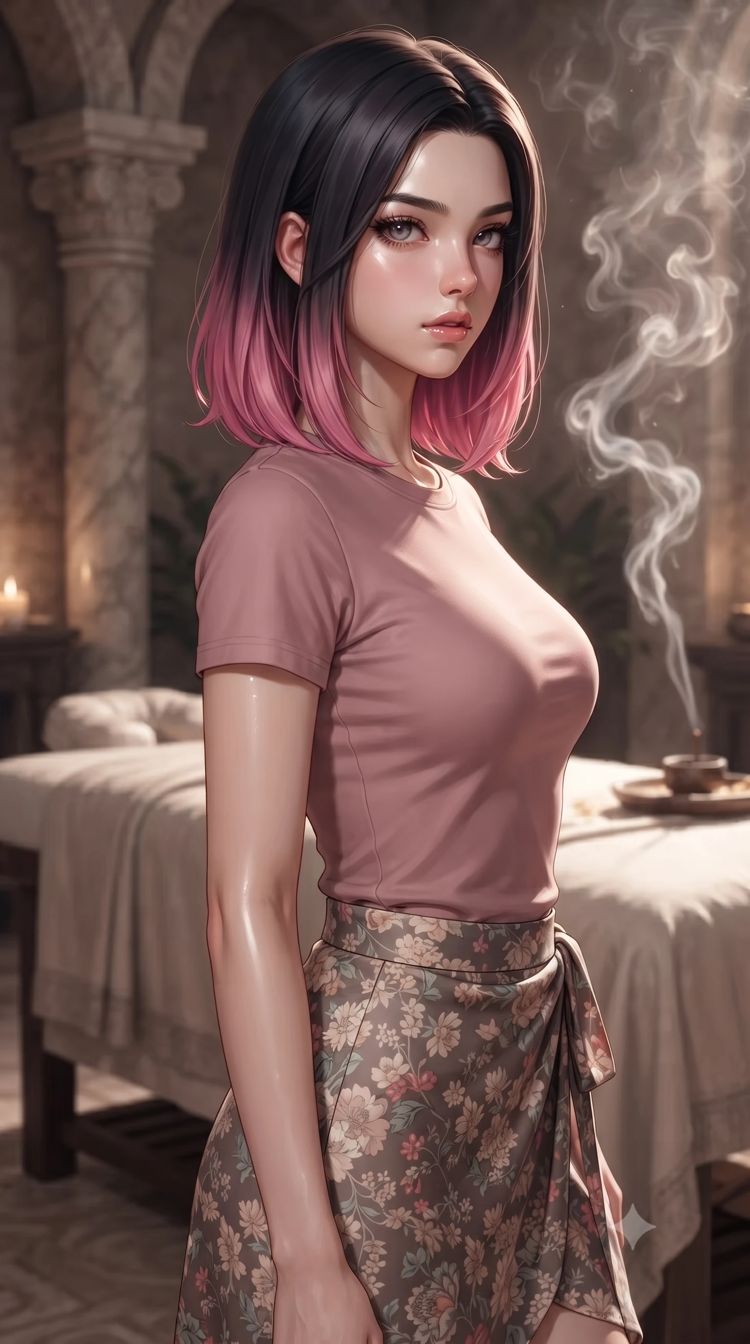 score_9, masterpiece, best quality, ultra-detailed, high-budget anime keyframe, editorial fashion photography, tasteful artistic composition, Korean woman woman. close-up cowboy shot from the waist and thighs up, the character dominates the composition, filling the frame with her large presence, background elements kept in soft focus. turning her face in sharp profile, casting a cold, mysterious, yet intensely alluring side gaze, the background shows a soft-focus a private spa suite with a massage table, stone pillars, and soft incense smoke rising. She has an exceptionally elegant, slender, and willowy female figure with an ultra-slim waist, a gracefully sculpted slender torso, and a refined silhouette. sharp v-shaped jawline, high-bridge nose, intricate jewel-like eyes with depth, thick eyelashes, glossy lips with a natural sheen. wearing a form-contouring simple crewneck t-shirt in dusty pink paired with a floral print wrap skirt. low-contrast, soft warm ambient uplight casting a peaceful glow. ultra-reflective glossy finish, specular highlights, metallic sheen, high-contrast stereoscopic depth, volumetric dynamic lighting, 2k, ultra detail, master piece, 9:16 ratio