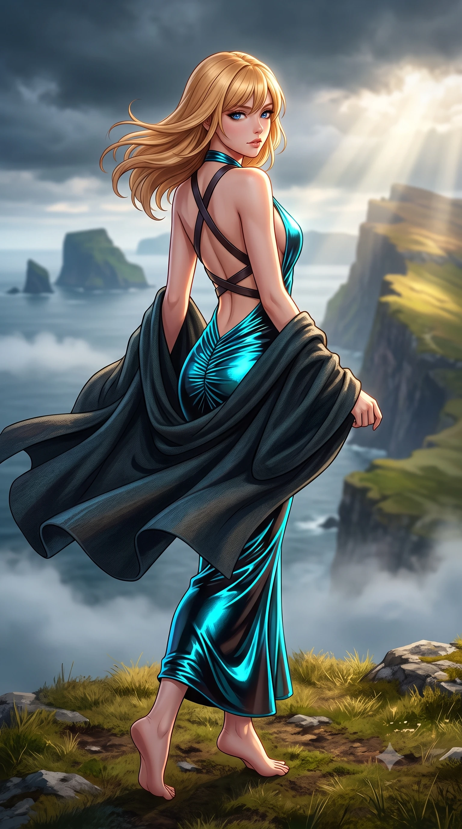 score_9, masterpiece, best quality, ultra-detailed, high-budget anime keyframe, semi-realistic 3D game render, editorial fashion photography, tasteful artistic composition, Caucasian woman. low angle full-body shot from head to toe showing her feet, filling the entire 9:16 vertical frame with her statuesque presence, stretching her vertical silhouette. executing an elegant mid-motion pivot turn as garments swirl around her slender limbs, glancing over her shoulder with an intoxicating bedroom-gaze while turning in an alluring dancer S-curve as fierce oceanic winds whip her heavy woolen cloak, gazing across the misty Scandinavian fjord archipelago. The composition keeps background elements in soft focus with creamy bokeh. distant sea stack islands and drifting sea fog softened in breathtaking Nordic shallow focus. She has an exceptionally tall and slender model-like 8.5-heads proportion, an ultra-slim waist, a flat toned midriff, narrow delicate ribcage, and beautifully sculpted feminine hips creating a graceful, slim hourglass silhouette without any bulky heaviness, with impossibly long slender legs. sharp v-shaped jawline, high-bridge nose, intricate jewel-like eyes with depth, thick eyelashes, glossy parted lips with a natural sheen, intensely captivating and seductive bedroom-eyes expression, flawlessly proportioned anatomical accuracy, strict slender model proportions, natural body alignment, perfectly sculpted long slender limbs, ultra-slim waistline, clean dynamic posture without body distortion. wearing a plunging halter-neck metallic lamé column dress with a dramatic bare spine and hip-defining ruching in neon electric cyan and lacquer black, made of fluid silk crepe with delicate inner corsetry boning, featuring an open-back criss-cross harness strap in dark leather, the liquid-tight tailored fabric clinging flawlessly to her narrow waist and rounded feminine hips, emphasizing every millimeter of her sculpted slim hourglass curves without any bulky heaviness. bathed in dramatic god-ray sunlight piercing through dark Atlantic storm clouds onto the cliff ridge. highly saturated vibrant anime colors, detailed shading with soft gradients, rich glossy textures, high-contrast stereoscopic depth, volumetric dynamic lighting, master piece, 9:16 ratio