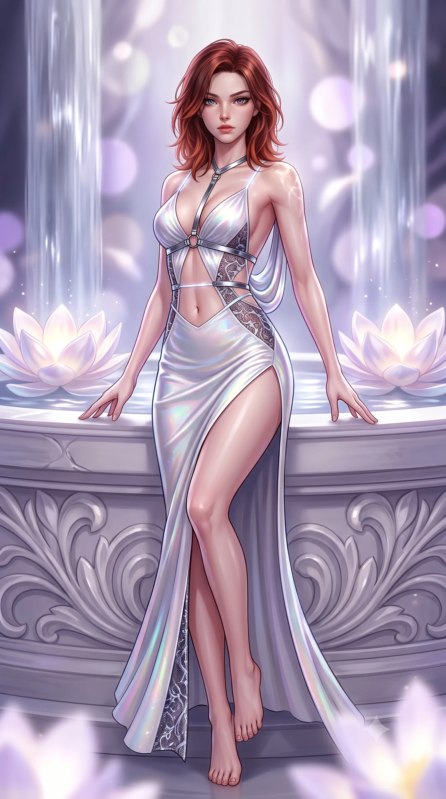 score_9, masterpiece, best quality, ultra-detailed, high-budget anime keyframe, semi-realistic 3D game render, editorial fashion photography, tasteful artistic composition, Korean woman. low angle full-body shot from head to toe showing her feet, filling the entire 9:16 vertical frame with her statuesque presence, stretching her vertical silhouette. performing an alluring mid-air vault with flawless poise, looking directly into the camera with smoldering intensity while reclining along the edge of a sacred pool as gigantic glowing pearl lotus petals ripple light across her bare shoulders. The composition keeps background elements in soft focus with creamy bokeh. cascading silver waterfalls and glowing pearl lotus petals blurred into smooth, dreamy white and violet bokeh. She has an absolutely perfect, statuesque 8.5-heads proportion, an exceptionally tall and slender model-like female figure with impossibly long slender legs, a toned flat midriff, and an ultra-slim waist. sharp v-shaped jawline, high-bridge nose, intricate jewel-like eyes with depth, thick eyelashes, glossy lips with a natural sheen, flawlessly proportioned anatomical accuracy, strict slender model proportions, natural body alignment, perfectly sculpted long slender limbs, ultra-slim waistline, clean dynamic posture without body distortion. wearing a precision-fitted liquid jersey bodycon dress with a dramatic draped cowl back that swoops down to her waist and a high side slit in glistening liquid pearl white with rainbow opalescence, crafted from delicate dark lace interwoven with luminescent micro-fibers, reinforced by a sleek metallic chrome harness and delicate glowing micro-straps, the precision-cut daring openings accentuating her delicate midriff, graceful bare collarbones, and ultra-slim feminine waistline. surrounded by a sacred, pristine, and intensely seductive moon-sanctuary atmosphere. highly saturated vibrant anime colors, detailed shading with soft gradients, rich glossy textures, high-contrast stereoscopic depth, volumetric dynamic lighting, master piece, 9:16 ratio
