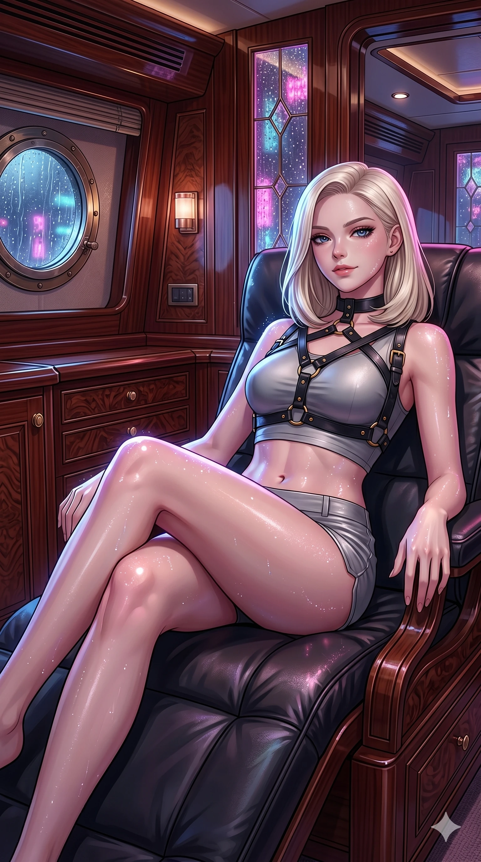 score_9, masterpiece, best quality, ultra-detailed, high-budget anime keyframe, editorial fashion photography, tasteful artistic composition, Caucasian woman, strictly human ears. cowboy shot from the thighs up, character and outfit filling the frame for maximum editorial presence. leaning back on a lounge chair, tilting her chin up with a relaxed, confident half-smile inside a luxury yacht stateroom cabin with rich mahogany paneling (Code-P18-089). She has an absolutely perfect 8-heads proportion, an exceptionally tall and slender female figure with impossibly long slender legs and an ultra-slim waist. V-shaped jawline, high-bridge nose, intricate jewel-like eyes with depth, thick eyelashes, glossy lips with a natural sheen. wearing a leather harness over a crop top and micro-shorts. neon lights refracting through the rain droplets, creating a sparkling, wet glow on her. 2k, ultra detail, master piece, 9:16 ratio