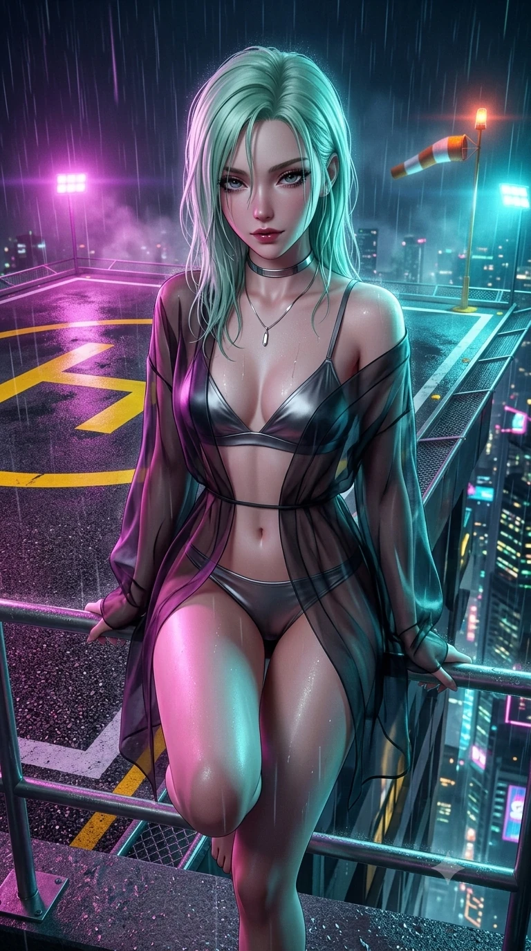 score_9, masterpiece, best quality, ultra-detailed, high-budget anime keyframe, semi-realistic 3D game render, editorial fashion photography, tasteful artistic composition, Japanese woman. close-up cowboy shot from the waist and thighs up, the character dominates the composition, filling the frame with her large presence. glancing down over lowered lashes before meeting the camera with quiet, devastating intensity, her tailored outfit tracing her ultra-slim waist and hips while perched on the helipad perimeter railing with one knee drawn up, looking down at the cyberpunk city abyss with fearless bedroom-eyes. The surrounding environment is rendered in vivid detail and crisp panoramic clarity: sharp yellow helipad markings, wet tarmac aggregate texture, and illuminated windsock beacon details in deep focus. She has an exceptionally elegant, slender, and willowy female figure with an ultra-slim waist, flat toned midriff, narrow ribcage, and sculpted feminine hips creating an alluring, slim hourglass silhouette without bulk. sharp v-shaped jawline, high-bridge nose, intricate jewel-like dark sparkling eyes with dangerous depth, thick curled eyelashes, glossy parted lips with a rich wine sheen, smoldering seductive half-smile with bedroom-eyes, exuding effortless superiority and intoxicating dark allure, flawlessly proportioned anatomical accuracy, strict slender model proportions, natural body alignment, perfectly sculpted long slender limbs, ultra-slim waistline, clean dynamic posture without body distortion. wearing a sheer gossamer organza evening kimono slipping off bare shoulders over a matching satin micro-bralette and briefs in liquid mercury chrome and smoky quartz, crafted from layered gossamer black organza with weightless, smoky flutter, finished with a minimalist chrome choker and a single teardrop pendant, the precision-cut side openings and low-back scoop framing her graceful spine and the sensual sweep of her slim, toned hips. bathed in intense saturated magenta and electric cyan neon floodlights cutting through falling rain. highly saturated vibrant anime colors, detailed shading with soft gradients, rich glossy textures, high-contrast stereoscopic depth, volumetric dynamic lighting, master piece, 9:16 ratio