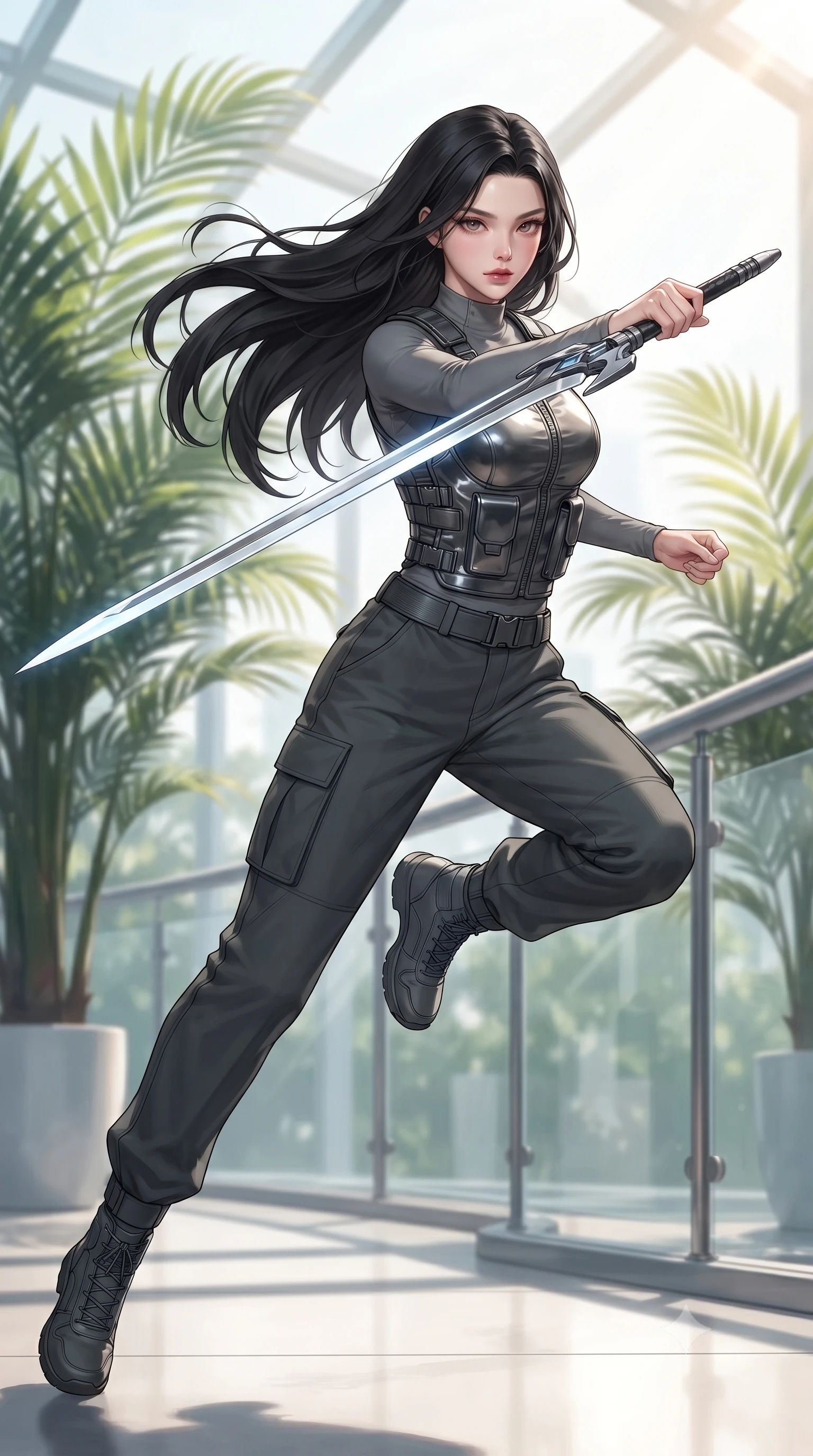 score_9, masterpiece, best quality, ultra-detailed, high-budget anime keyframe, editorial fashion photography, tasteful artistic composition, Korean woman. low angle full-body shot from head to toe showing her feet, filling the entire 9:16 vertical frame with her statuesque presence, stretching her vertical silhouette. leaping forward while slashing with a twin-bladed plasma sword in mid-air, her body-contouring suit showing her athletic silhouette, the background shows a soft-focus a greenhouse hangar balcony decorated with potted palms and glass railings. She has an absolutely perfect, statuesque 8.5-heads proportion, an exceptionally tall and slender model-like female figure with impossibly long slender legs and an ultra-slim waist. sharp v-shaped jawline, high-bridge nose, intricate jewel-like eyes with depth, thick eyelashes, glossy lips with a natural sheen. wearing a body-hugging rugged carbon-alloy utility vest over a long-sleeve high-neck grey compression shirt and matching cargo slacks. bright morning sun rays creating fresh and energetic shadows. ultra-reflective glossy finish, specular highlights, metallic sheen, high-contrast stereoscopic depth, volumetric dynamic lighting, 2k, ultra detail, master piece, 9:16 ratio