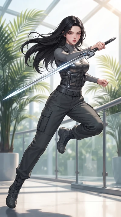 score_9, masterpiece, best quality, ultra-detailed, high-budget anime keyframe, editorial fashion photography, tasteful artistic composition, Korean woman. low angle full-body shot from head to toe showing her feet, filling the entire 9:16 vertical f