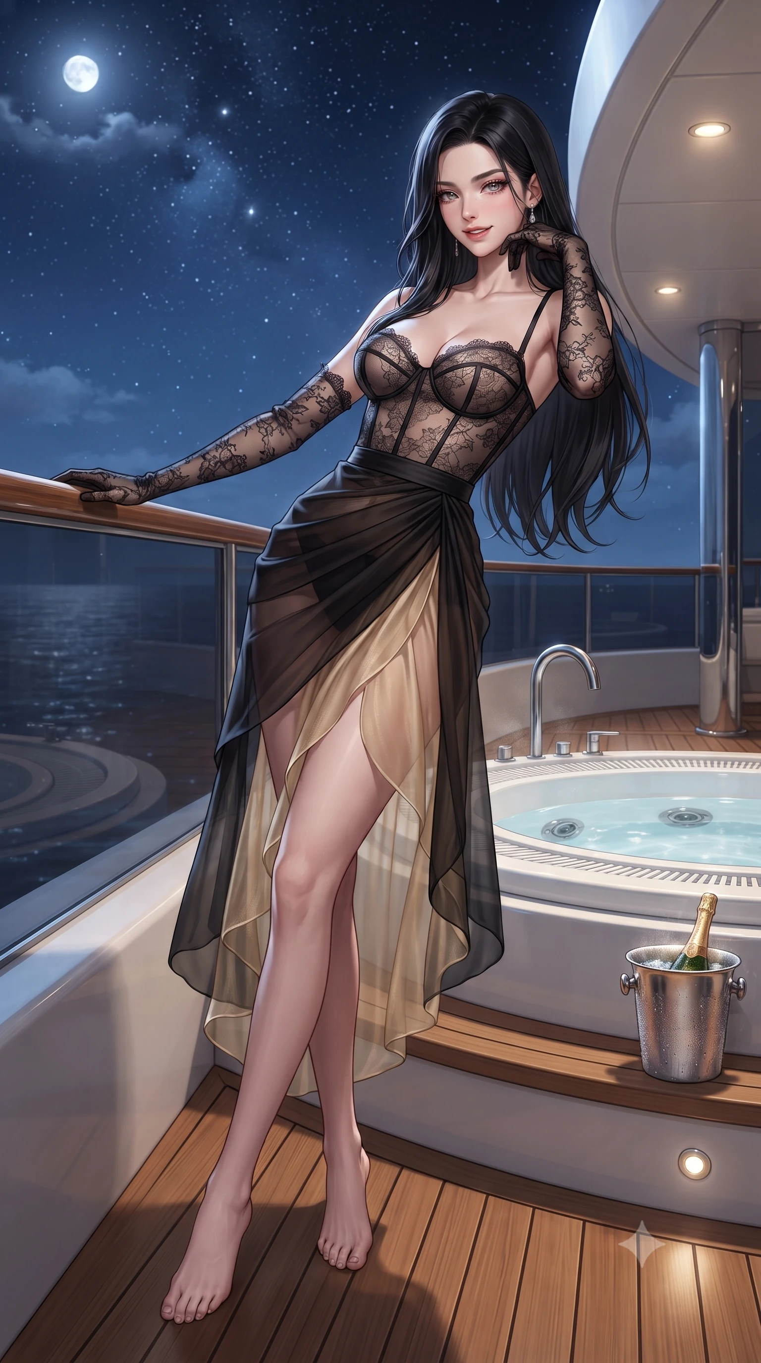 score_9, masterpiece, best quality, ultra-detailed, high-budget anime keyframe, editorial fashion photography, tasteful artistic composition, Korean woman. low angle full-body shot from head to toe showing her feet, filling the entire 9:16 vertical frame with her statuesque presence, stretching her vertical silhouette. leaning deep against the balcony balustrade with hips cocked back in an unapologetically alluring high-fashion stance, casting an intoxicating glance while standing poised on the teak skydeck beside the elevated circular hot tub, arching her back with breathless freedom under the open cosmos. The surrounding environment is rendered in vivid detail and crisp panoramic clarity: sharp teak surround woodwork, stainless steel jacuzzi jet nozzles, and champagne bucket condensation beads in deep focus. She has an absolutely perfect, statuesque 8.5-heads proportion, an exceptionally tall and slender model-like female figure with impossibly long slender legs, an ultra-slim waist, a flat toned midriff, narrow delicate ribcage, and beautifully sculpted feminine hips creating a graceful, slim hourglass silhouette without any bulky heaviness. sharp v-shaped jawline, high-bridge nose, sparkling eyes with hypnotic seductive depth, thick curled eyelashes, glossy parted lips with a natural dewy peach sheen, alluring bedroom-eyes with an enchanting coquettish smile, exuding magnetic siren charisma and sophisticated glamour, flawlessly proportioned anatomical accuracy, strict slender model proportions, natural body alignment, perfectly sculpted long slender limbs, ultra-slim waistline, clean dynamic posture without body distortion. wearing a sculpted underwire demi-bustier in semi-sheer lace paired with an ultra-short draped tulip skirt in midnight obsidian black and liquid champagne gold, made of sheer gossamer chiffon that drapes softly against skin with airy translucence, complemented by sheer opera-length lace evening gloves tracing her slender arms, the form-contouring silhouette accentuating her sculpted flat midriff, narrow delicate ribcage, and gracefully curvy hips with intoxicating allure. illuminated by hot tub water caustic bounce and sharp platinum rim lights sculpting her jawline, flat midriff, and voluptuous hip curves. ultra-reflective glossy finish, specular highlights, rich textural contrasts, high-contrast stereoscopic depth, volumetric dynamic lighting, 2k, ultra detail, master piece, 9:16 ratio