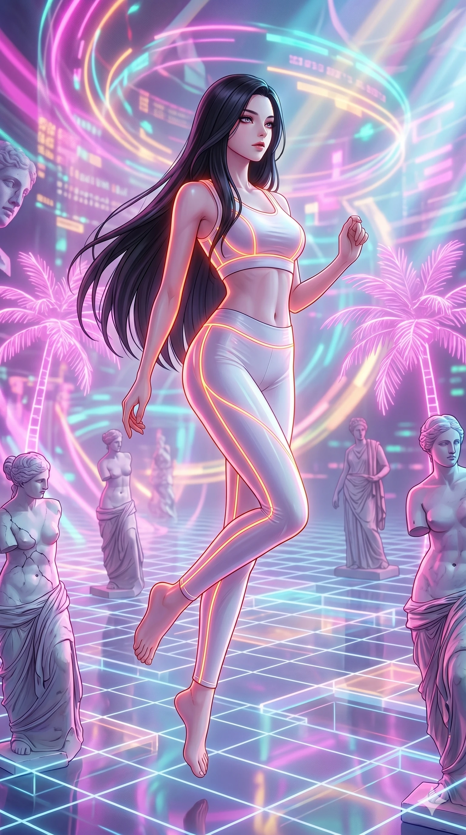 score_9, masterpiece, best quality, ultra-detailed, high-budget anime keyframe, Japanese woman. upper body close-up from the thighs up, character filling the screen for maximum presence. drifting through a holographic vaporwave oasis with floating grid floors, lo-fi marble statues, and glowing pink palms. She has an absolutely perfect 8-heads proportion, an exceptionally tall and slender female figure with impossibly long slender legs and an ultra-slim waist. V-shaped jawline, high-bridge nose, intricate jewel-like eyes with depth, thick eyelashes, glossy lips with a natural sheen.. wearing a neon filament athleisure set, featuring a fitted white crop top and matching leggings woven with glowing orange neon filaments, highlighting her slender body contour. bathed in brilliant cinematic volumetric lighting and intense neon rim light highlighting her slender form. 2k, ultra detail, master piece, 9:16 ratio