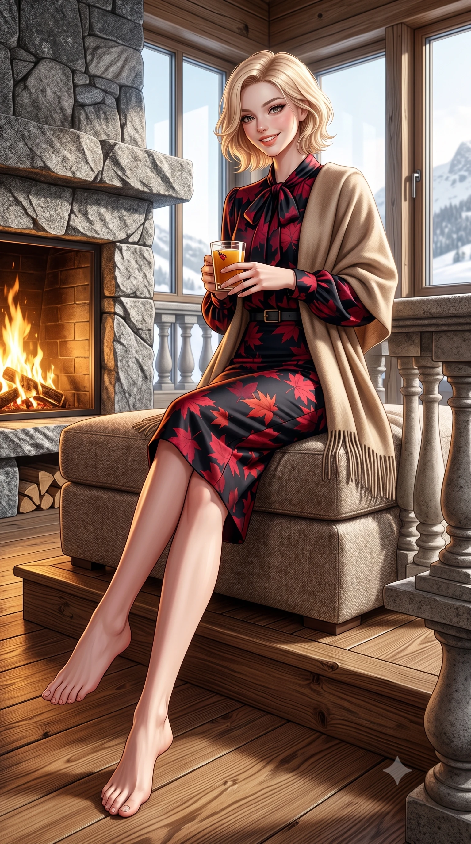 score_9, masterpiece, best quality, ultra-detailed, high-budget anime keyframe, semi-realistic 3D game render, editorial fashion photography, tasteful artistic composition, Caucasian woman. low angle full-body shot from head to toe showing her feet, filling the entire 9:16 vertical frame with her statuesque presence, stretching her vertical silhouette. standing poised beside the classical stone balustrade with one foot slightly forward, hands folded loosely before her with regal grace while sitting gracefully on an oversized cashmere-upholstered banquette near the stone hearth, holding a glass of spiced cider with cozy luxury charm. The surrounding environment is rendered in vivid detail and crisp panoramic clarity: sharp natural cleavage lines in rough-hewn granite fireplace, triple-glazed insulated window seals, and wide fir timber plank grain in deep focus. She has an exceptionally tall and slender model-like 8.5-heads proportion, an ultra-slim waist, a flat toned midriff, narrow delicate ribcage, and beautifully sculpted feminine hips creating a graceful, slim hourglass silhouette without any bulky heaviness, with impossibly long slender legs. sharp v-shaped jawline, high-bridge nose, intricate jewel-like sparkling eyes with depth, thick eyelashes, glossy parted lips with a natural peach sheen, bright cheerful beaming smile with an enchanting and coquettish sensual glint, exuding both youthful cute charm and seductive allure, flawlessly proportioned anatomical accuracy, strict slender model proportions, natural body alignment, perfectly sculpted long slender limbs, ultra-slim waistline, clean dynamic posture without body distortion. wearing a fluid silk crepe pussy-bow blouse paired with a high-waisted tailored pencil midi skirt and slim leather belt in Kyoto autumn maple crimson and deep ink black, made of luxurious brushed wool flannel with rich textural depth and clean structure, accented with a wide brushed cashmere fringe scarf draped elegantly over one shoulder, the streamlined silhouette following her natural slender proportions with sophisticated poise, enhancing her tall willowy presence. bathed in the dramatic high-altitude Swiss mountain sunlight streaming through panoramic windows mixed with golden hearth firelight. highly saturated vibrant anime colors, detailed shading with soft gradients, rich glossy textures, high-contrast stereoscopic depth, volumetric dynamic lighting, master piece, 9:16 ratio
