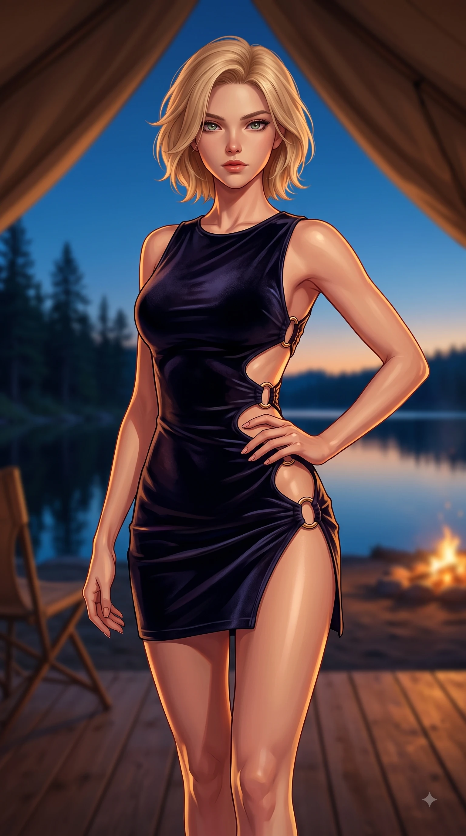 score_9, masterpiece, best quality, ultra-detailed, high-budget anime keyframe, editorial fashion photography, tasteful artistic composition, Caucasian woman woman. close-up cowboy shot from the waist and thighs up, the character dominates the composition, filling the frame with her large presence, background elements kept in soft focus. She has an exceptionally elegant, slender, and willowy female figure with an ultra-slim waist, a gracefully sculpted slender torso, and a refined silhouette. holding a confident power pose with one hand on her hip, looking directly into the camera with quiet self-assurance, flawlessly proportioned anatomical accuracy, natural body alignment, perfectly sculpted elegant limbs, clean dynamic posture without body distortion. set against a soft-focus background of a luxury canvas tent deck overlooking a quiet pine lake at dusk. wearing a slitted cutout bodycon mini dress in dark velvet with gold ring hardware framing her waist. bathed in warm campfire glow contrasting with the deep twilight blue night sky. highly saturated vibrant anime colors, detailed shading with soft gradients, rich glossy textures, high-contrast stereoscopic depth, volumetric dynamic lighting, master piece, 9:16 ratio