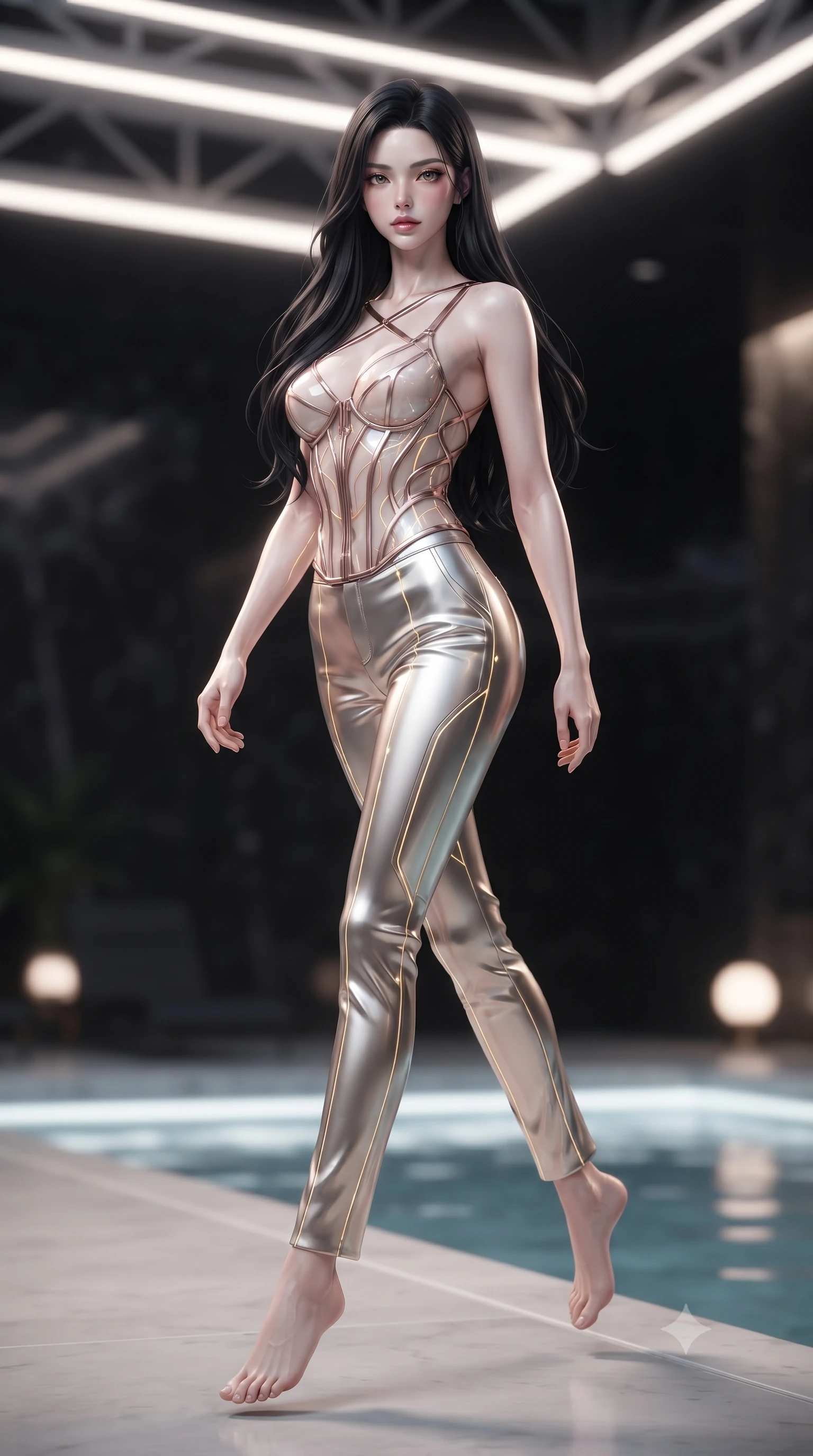 score_9, masterpiece, best quality, ultra-detailed, high-budget anime keyframe, editorial fashion photography, tasteful artistic composition, Korean woman. low angle full-body shot from head to toe showing her feet, filling the entire 9:16 vertical frame with her statuesque presence, stretching her vertical silhouette. performing an alluring mid-air vault with flawless poise, looking directly into the camera with regal, divine intensity while stepping along the pool edge with an ethereal, captivating gaze as golden circuit lines pulse beneath the liquid metal. The composition keeps background elements in soft focus with creamy bokeh. monolithic obsidian sanctuary walls and neon ceiling trusses softened in luminous shallow focus. She has an absolutely perfect, statuesque 8.5-heads proportion, an exceptionally tall and slender model-like female figure with impossibly long slender legs, a toned flat midriff, and an ultra-slim waist. sharp v-shaped jawline, high-bridge nose, intricate jewel-like eyes with depth, thick eyelashes, glossy lips with a natural sheen, flawlessly proportioned anatomical accuracy, strict slender model proportions, natural body alignment, perfectly sculpted long slender limbs, ultra-slim waistline, clean dynamic posture without body distortion. wearing a structured translucent cyber-corset paired with tailored high-fashion satin trousers that sharply cinch her ultra-slim waist in sculpted rose gold and luminescent champagne ivory, crafted from ultra-reflective second-skin liquid metal with a mirror-like polish, complemented by criss-cross back straps highlighting her completely bare spine, the form-contouring material adhering flawlessly to her sculpted flat midriff and slender torso, emphasizing her long leg lines and perfectly proportioned willowy build. illuminated by crisp white key lighting with specular metallic highlights tracing her slender curves. ultra-reflective glossy finish, specular highlights, dark metallic sheen, high-contrast stereoscopic depth, volumetric dynamic lighting, 2k, ultra detail, master piece, 9:16 ratio