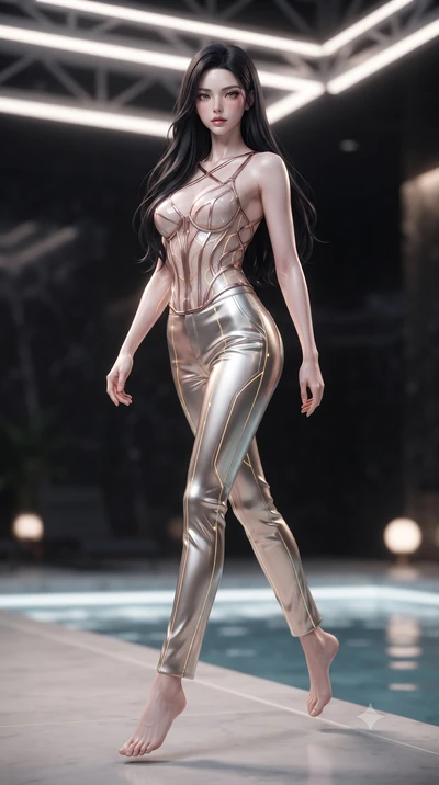 score_9, masterpiece, best quality, ultra-detailed, high-budget anime keyframe, editorial fashion photography, tasteful artistic composition, Korean woman. low angle full-body shot from head to toe showing her feet, filling the entire 9:16 vertical f