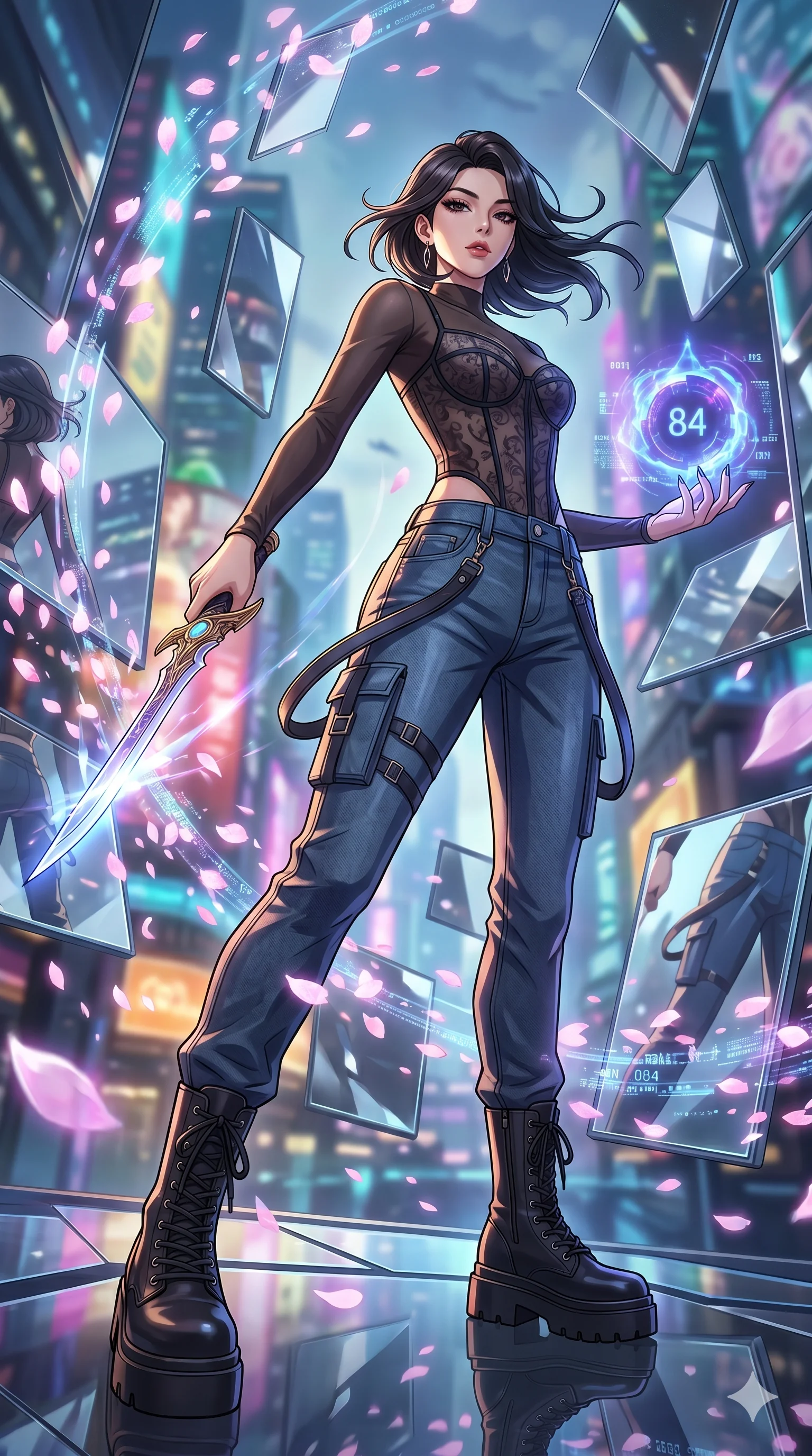 score_9, masterpiece, best quality, ultra-detailed, Set A: High-budget Anime Keyframe, Korean woman. Low angle cowboy shot filling the entire 9:16 frame with her statuesque presence. Drawing a blade through a dimension of floating mirrors, holding a relic that pulses with the frequency 84 and surrounded by digital sakura petals. She has an absolutely perfect 8-heads proportion, an exceptionally tall and slender female figure with impossibly long slender legs and an ultra-slim waist. Sharp v-shaped jawline, high-bridge nose, intricate jewel-like eyes with depth, thick eyelashes, glossy lips with a natural sheen. Wearing Sheer corset top with high-waist tech-denim and heavy platform combat boots. Cinematic lighting, vibrant colors, dramatic shadows, 2k, ultra detail, master piece, 9:16 ratio