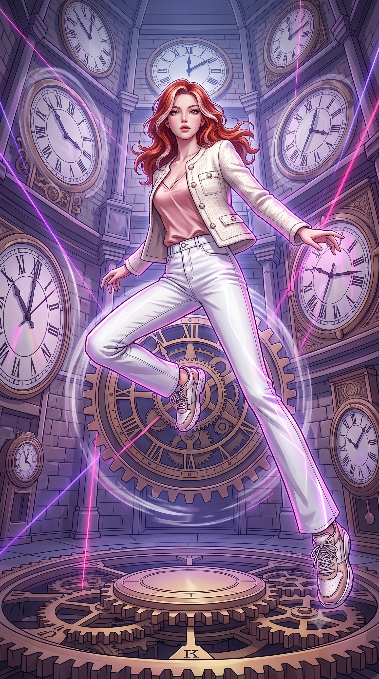 score_9, masterpiece, best quality, ultra-detailed, high-budget anime keyframe, editorial fashion photography, tasteful artistic composition, Caucasian woman, strictly human ears. low angle full-body shot from head to toe showing her feet, filling the entire 9:16 vertical frame with her statuesque presence, stretching her vertical silhouette. vaulting dynamically through inside a tower where time flows at different rates on each level massive ornate clocks running at visibly different speeds with temporal distortion creating ghostly motion-blur halos around objects caught between time streams. She has a statuesque 8.5-heads proportion, an exceptionally tall, slender and willowy model-like build with impossibly long legs and a highly sculpted ultra-slim waist. sharp v-shaped jawline, high-bridge nose, intricate jewel-like eyes with depth, thick eyelashes, glossy lips with a natural sheen. wearing a structured ivory tweed jacket with pearl buttons over a blush pink silk camisole and white denim trousers. laser lines of violet and hot pink reflecting off surfaces casting geometric neon highlights. 2k, ultra detail, master piece, 9:16 ratio
