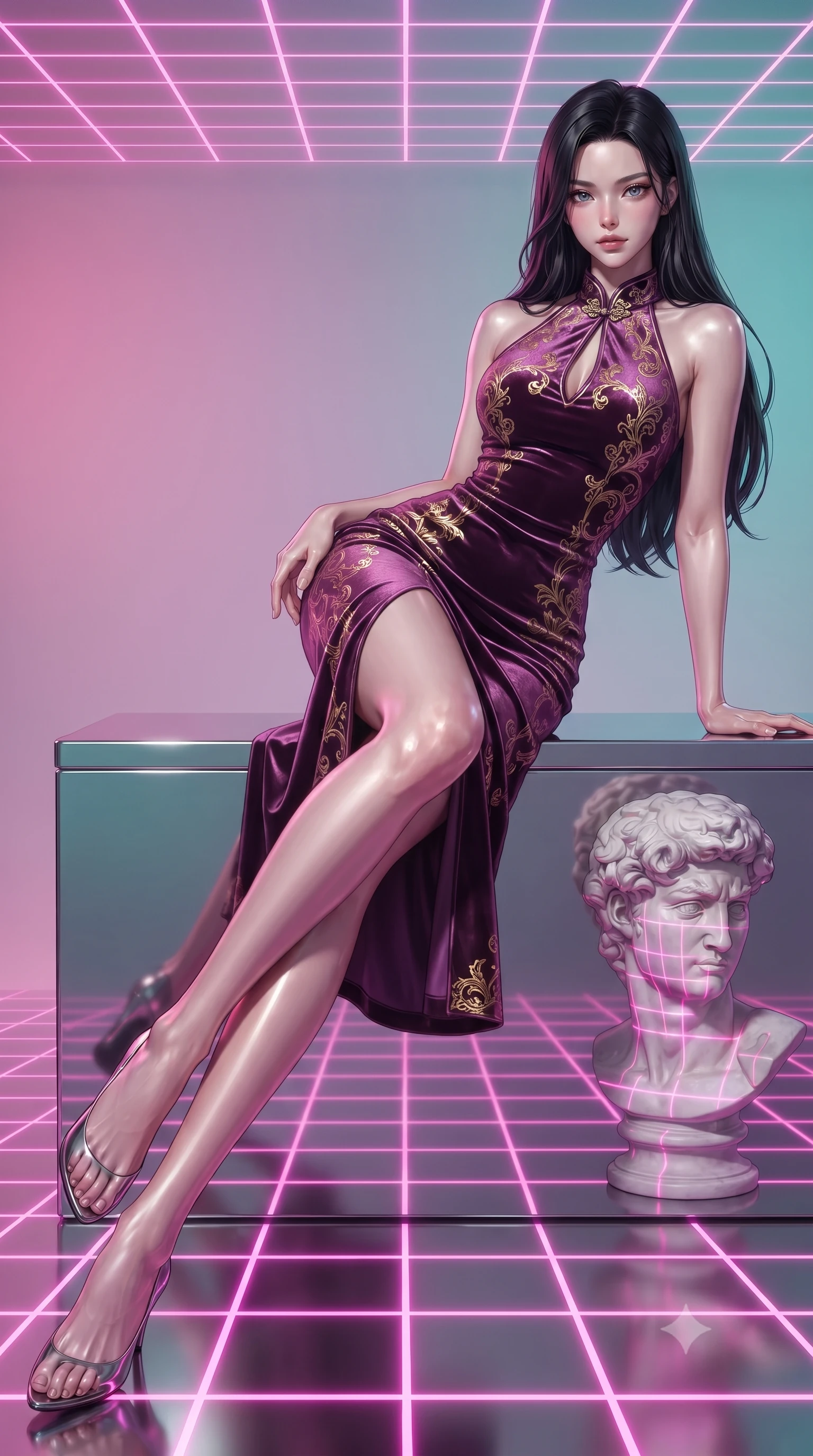 score_9, masterpiece, best quality, ultra-detailed, high-budget anime keyframe, editorial fashion photography, tasteful artistic composition, Korean woman. low angle full-body shot from head to toe showing her feet, filling the entire 9:16 vertical frame with her statuesque presence, stretching her vertical silhouette. forging dynamically through the scene with her long slender legs and ultra-slim waist creating a sweeping S-curve while lounging dynamically on a chrome platform beside a classical marble bust statue in neon light, lo-fi synthwave grid patterns running across floor and ceiling in neon pink. She has an absolutely perfect, statuesque 8.5-heads proportion, an exceptionally tall and slender model-like female figure with impossibly long slender legs and an ultra-slim waist. sharp v-shaped jawline, high-bridge nose, intricate jewel-like eyes with depth, thick eyelashes, glossy lips with a natural sheen, flawlessly proportioned anatomical accuracy, natural body alignment, perfectly sculpted elegant limbs, clean dynamic posture without body distortion. wearing a velvet halter-neck midi dress following her form like a glove in plum purple and gold filigree, crafted from lustrous satin jersey with fluid draping, accented with a Tasteful chest slit framing her clavicle gracefully, the glove-like fit emphasizing her statuesque silhouette during motion. surrounded by a dreamlike vaporwave ambiance with smooth gradients. ultra-reflective glossy finish, specular highlights, metallic sheen, high-contrast stereoscopic depth, volumetric dynamic lighting, 2k, ultra detail, master piece, 9:16 ratio
