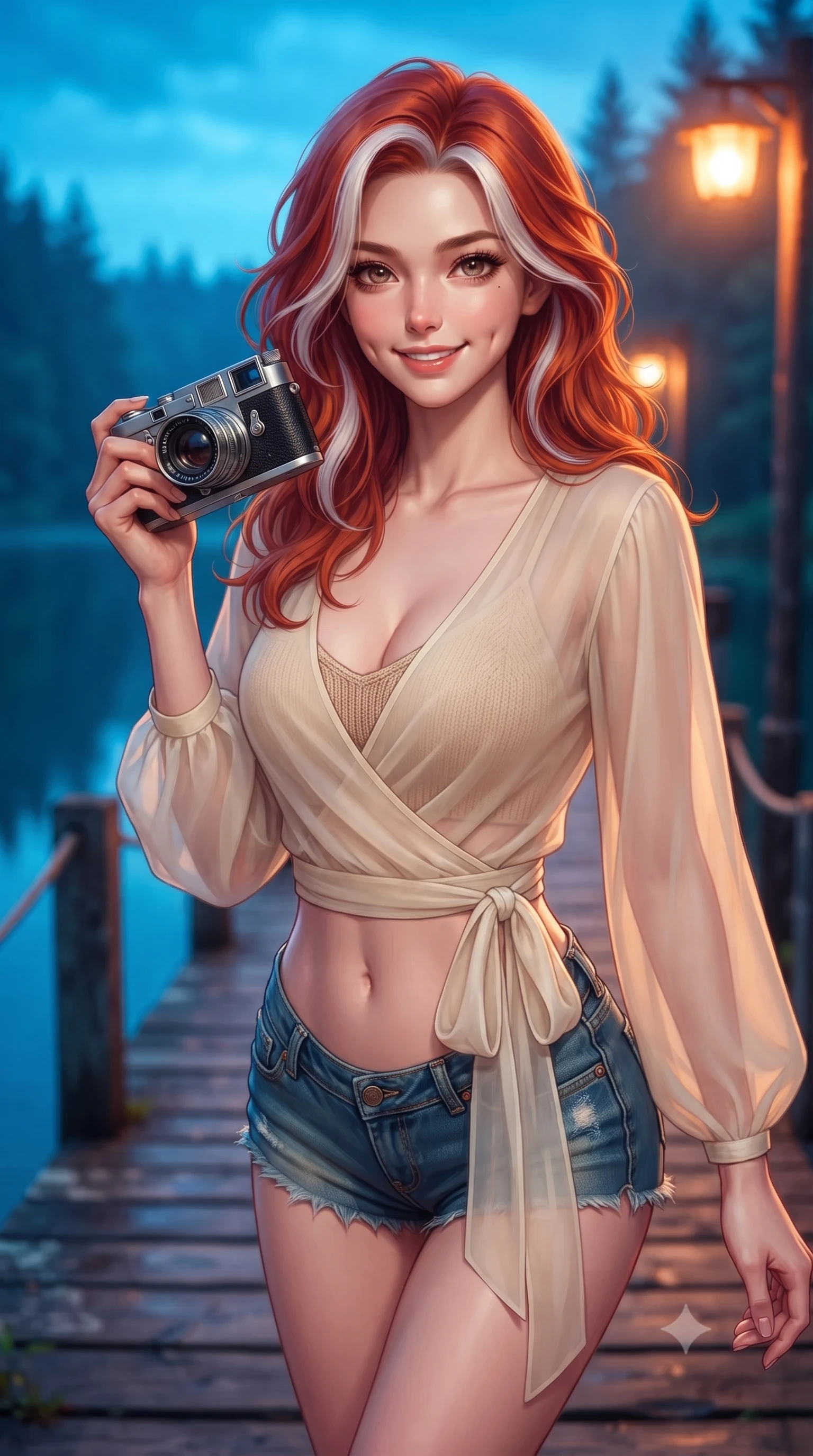 score_9, masterpiece, best quality, ultra-detailed, high-budget anime keyframe, editorial fashion photography, tasteful artistic composition, Caucasian woman. close-up cowboy shot from the waist and thighs up, the character dominates the composition, filling the frame with her large presence, background elements kept in soft focus. smiling with soft, captivating dimples, casting a warm yet magnetic gaze directly into the lens set against a soft-focus background of on a quiet wooden pier extending into a calm, blue forest lake with a vintage camera in her hand and a warm, cute grin. She has an exceptionally elegant, slender, and willowy female figure with an ultra-slim waist, a gracefully sculpted slender torso, and a refined silhouette. sharp v-shaped jawline, high-bridge nose, intricate jewel-like eyes with depth, thick eyelashes, glossy lips with a natural sheen. wearing form-contouring sheer chiffon wrap top in cream, worn over a slim-fit knit bralette and low-cut shorts. cool twilight sky glow contrasting with the warm orange light of streetlamps. highly saturated vibrant anime colors, detailed shading with soft gradients, rich glossy textures, high-contrast stereoscopic depth, volumetric dynamic lighting, master piece, 9:16 ratio