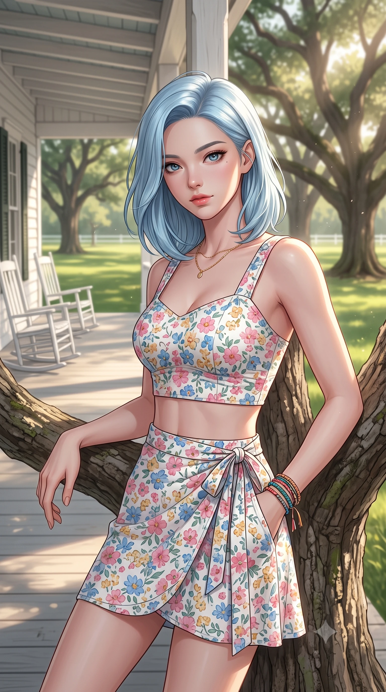 score_9, masterpiece, best quality, ultra-detailed, high-budget anime keyframe, editorial fashion photography, tasteful artistic composition, Korean woman woman. close-up cowboy shot from the waist and thighs up, the character dominates the composition, filling the frame with her large presence, background elements kept in soft focus. standing relaxed against a tree trunk, sharing a quiet, serene moment with the viewer the background shows a soft-focus a wide white veranda with rocking chairs, overlooking a large green lawn with oak trees. She has an exceptionally elegant, slender, and willowy female figure with an ultra-slim waist, a gracefully sculpted slender torso, and a refined silhouette. sharp v-shaped jawline, high-bridge nose, intricate jewel-like eyes with depth, thick eyelashes, glossy lips with a natural sheen. wearing a slim-fit summer vacation crop top and wrap skirt set in floral print cotton, showing her slim waist. soft late afternoon sunbeams casting a nostalgic, peaceful glow. 2k, ultra detail, master piece, 9:16 ratio