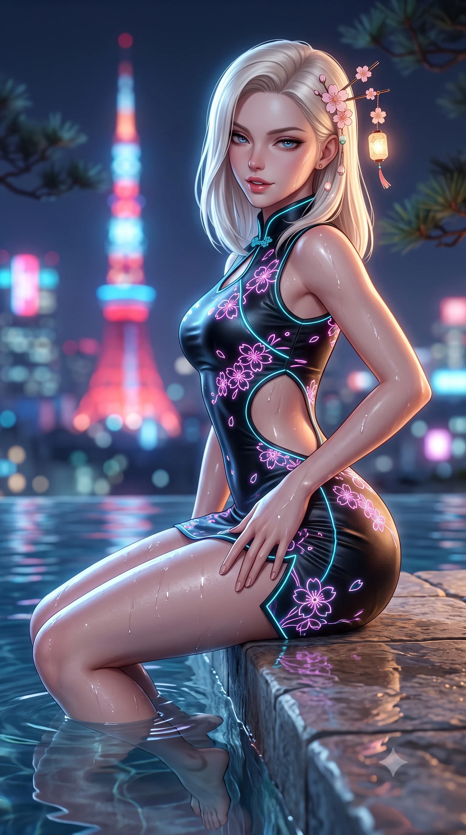score_9, masterpiece, best quality, ultra-detailed, high-budget anime keyframe, semi-realistic 3D game render, editorial fashion photography, tasteful artistic composition, Caucasian woman. close-up cowboy shot from the waist and thighs up, the character dominates the composition, filling the frame with her large presence. arching her spine backward with effortless dancer poise, one hand sliding along her hip line as directional light carves specular highlights along her silhouette while sitting on the stone infinity pool edge with legs dipped in water, turning her upper body in an alluring S-curve toward the camera. The composition keeps background elements in soft focus with creamy bokeh. distant Tokyo Tower neon lights and dark pine branches softened in dreamy nocturnal shallow focus. She has an exceptionally elegant, slender, and willowy female figure with an ultra-slim waist, a gracefully sculpted slender torso, toned flat midriff, and rounded feminine hips creating an alluring hourglass silhouette. sharp v-shaped jawline, high-bridge nose, intricate jewel-like eyes with depth, thick eyelashes, glossy parted lips with a natural sheen, intensely captivating and seductive bedroom-eyes expression, flawlessly proportioned anatomical accuracy, strict slender model proportions, natural body alignment, perfectly sculpted long slender limbs, ultra-slim waistline, clean dynamic posture without body distortion. wearing a futuristic embroidered qipao mini dress with glowing fiber-optic seams and side cutouts in pitch black silk with neon cherry blossom accents, tailored from crisp ceremonial cotton and multi-layered translucent chiffon, accented with delicate cherry blossom hairpins and glowing paper lantern charms, the glove-like aerodynamic silhouette tightly following the natural contour of her hips and long slender legs with statuesque precision. illuminated by wet specular reflections accentuating her sculpted collarbones, narrow waist, and curvy hips. highly saturated vibrant anime colors, detailed shading with soft gradients, rich glossy textures, high-contrast stereoscopic depth, volumetric dynamic lighting, master piece, 9:16 ratio