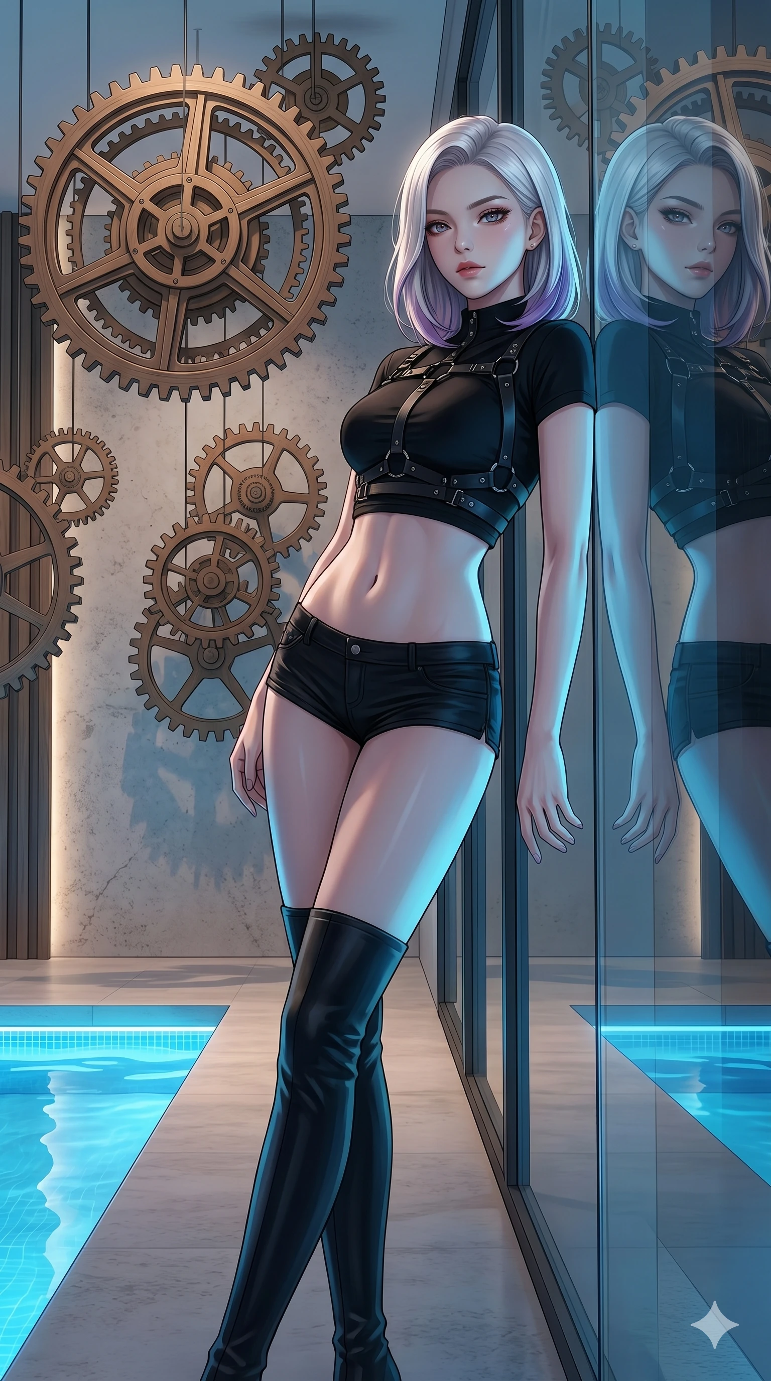 score_9, masterpiece, best quality, ultra-detailed, high-budget anime keyframe, editorial fashion photography, tasteful artistic composition, Caucasian woman, strictly human ears. cowboy shot from the thighs up, character and outfit filling the frame for maximum editorial presence. leaning against the glass wall, looking at the viewer inside a resort rift room with suspended wooden clockwork gears (Code-P19-120). She has an absolutely perfect 8-heads proportion, an exceptionally tall and slender female figure with impossibly long slender legs and an ultra-slim waist. V-shaped jawline, high-bridge nose, intricate jewel-like eyes with depth, thick eyelashes, glossy lips with a natural sheen. wearing a harness over a crop top showing her bare midriff and micro-shorts. cool blue light from the pool reflecting off her skin and outfit textures. 2k, ultra detail, master piece, 9:16 ratio