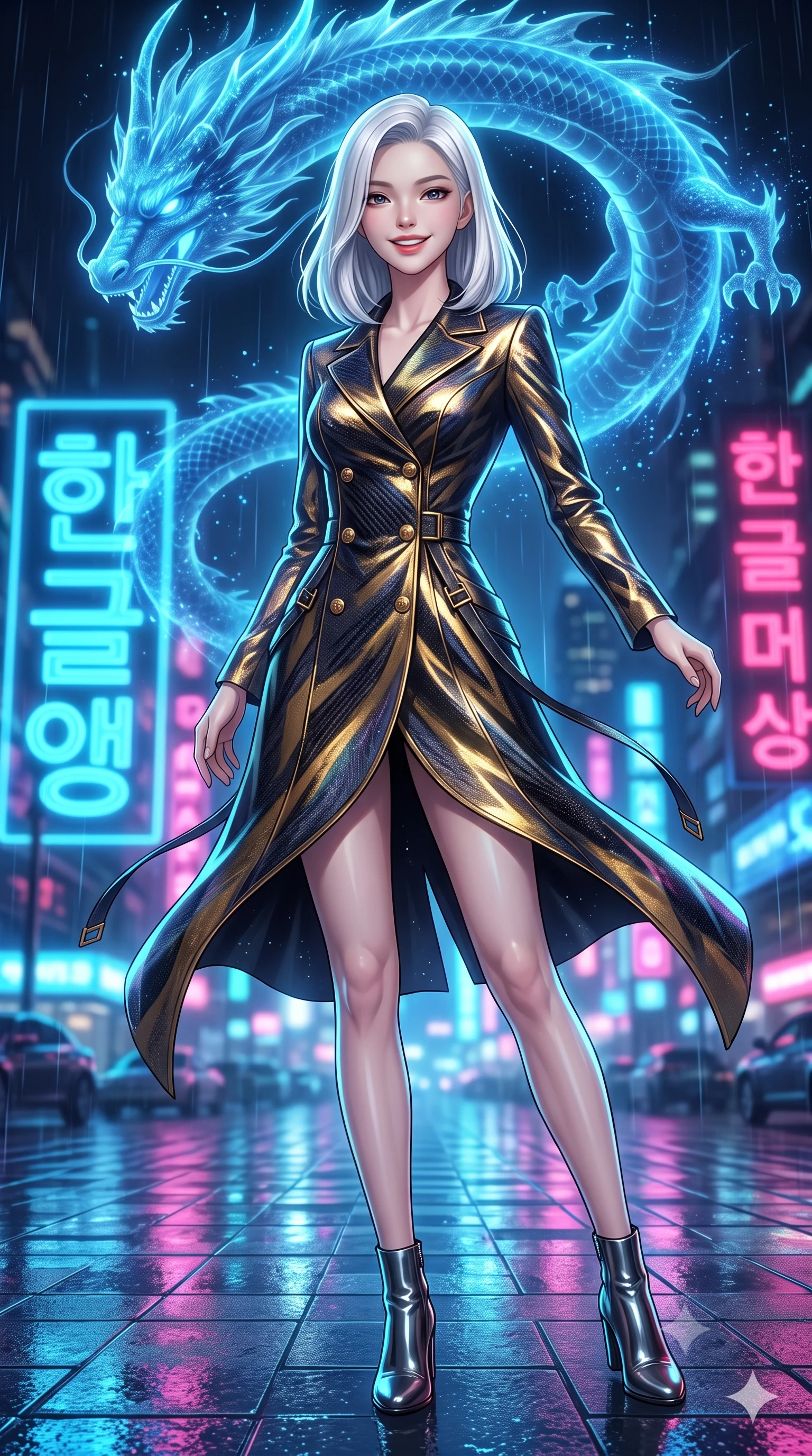 score_9, masterpiece, best quality, ultra-detailed, high-budget anime keyframe, semi-realistic 3D game render, editorial fashion photography, tasteful artistic composition, Korean woman. low angle full-body shot from head to toe showing her feet, filling the entire 9:16 vertical frame with her statuesque presence, stretching her vertical silhouette. lounging on the lavish daybed with legs crossed and hips angled toward the camera, displaying her toned midriff and long slender limbs with effortless siren poise while standing poised on the rain-slicked plaza pavers beneath a massive celestial holographic blue dragon, arching her lower back with magnetic anime heroine grace. The background shows a soft-focus gigantic coiling holographic azure dragon, towering neon Hangul holographic signs, and rain-slicked futuristic traffic blurred into electric cyan, cobalt, and crimson bokeh. She has an exceptionally tall and slender model-like 8.5-heads proportion, an ultra-slim waist, a flat toned midriff, narrow delicate ribcage, and beautifully sculpted feminine hips creating a graceful, slim hourglass silhouette without any bulky heaviness, with impossibly long slender legs. sharp v-shaped jawline, high-bridge nose, intricate jewel-like sparkling eyes with depth, thick eyelashes, glossy parted lips with a natural peach sheen, bright cheerful beaming smile with an enchanting and coquettish sensual glint, exuding both youthful cute charm and seductive allure, flawlessly proportioned anatomical accuracy, strict slender model proportions, natural body alignment, perfectly sculpted long slender limbs, ultra-slim waistline, clean dynamic posture without body distortion. wearing a tailored double-breasted iridescent silk lamé coat dress with metallic button closures in singularity accretion gold and deep space void black, woven from structured carbon-fiber jacquard with rich textural depth, finished with sleek magnetic buckle closures fluttering in the breeze, the bespoke structured tailoring following the natural line of her 8.5-heads silhouette with refined elegance. illuminated by wet pavement reflection bounce and sharp electric-cyan rim lights defining her jawline, narrow waist, and curvy hips. highly saturated vibrant anime colors, detailed shading with soft gradients, rich glossy textures, high-contrast stereoscopic depth, volumetric dynamic lighting, master piece, 9:16 ratio