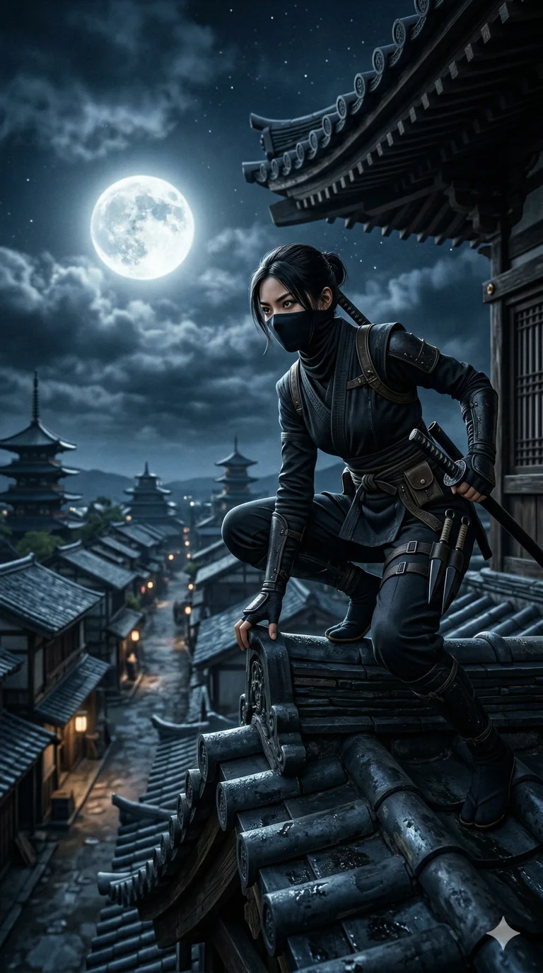 A female ninja in black attire on a moonlit rooftop 2k, ultra detail, master piece, 9:16 ratio