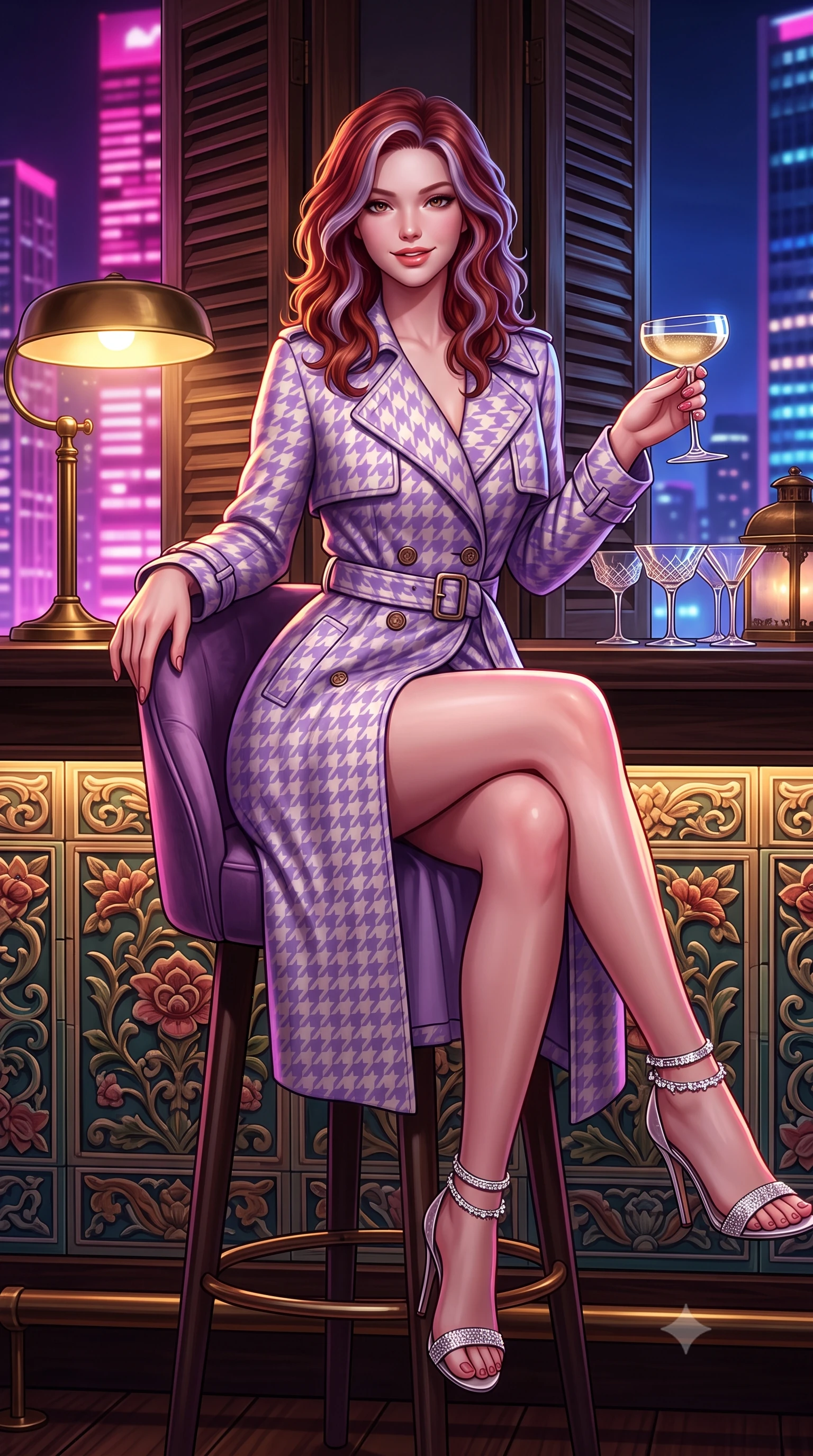 score_9, masterpiece, best quality, ultra-detailed, high-budget anime keyframe, semi-realistic 3D game render, editorial fashion photography, tasteful artistic composition, Caucasian woman. close-up cowboy shot from the waist and thighs up, the character dominates the composition, filling the frame with her large presence. leaning forward while arching her lower back to accentuate her curvy hips, looking into the camera with an intoxicating smoldering gaze and bedroom-eyes while sitting perched on the high velvet barstool with legs crossed, holding a coupe of champagne with magnetic, teasing charm. The surrounding environment is rendered in vivid detail and crisp panoramic clarity: sharp hand-painted Peranakan majolica ceramic tile relief, historic timber louver shutter details, and cocktail glass facets in deep focus. She has an exceptionally elegant, slender, and willowy female figure with an ultra-slim waist, flat toned midriff, narrow ribcage, and sculpted feminine hips creating an alluring, slim hourglass silhouette without bulk. sharp v-shaped jawline, high-bridge nose, intricate jewel-like sparkling eyes with depth, thick eyelashes, glossy parted lips with a natural peach sheen, bright cheerful beaming smile with an enchanting and coquettish sensual glint, exuding both youthful cute charm and seductive allure, flawlessly proportioned anatomical accuracy, strict slender model proportions, natural body alignment, perfectly sculpted long slender limbs, ultra-slim waistline, clean dynamic posture without body distortion. wearing a structured Viennese secessionist houndstooth trench coat with belted waist and storm flaps in Luberon lavender purple and Provençal limestone cream, crafted from bespoke double-faced cashmere with an exceptionally soft tactile finish, complemented by strappy stiletto sandals with crystal ankle wraps accentuating her slender calves, the bespoke structured tailoring following the natural line of her 8.5-heads silhouette with refined elegance. bathed in the warm golden 2300K glow of vintage brass lamps mixed with electric magenta and sapphire city skyscraper reflections. highly saturated vibrant anime colors, detailed shading with soft gradients, rich glossy textures, high-contrast stereoscopic depth, volumetric dynamic lighting, master piece, 9:16 ratio