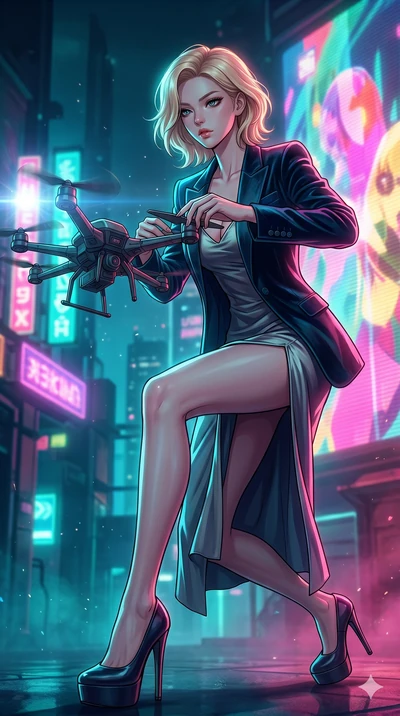 score_9, masterpiece, best quality, ultra-detailed, high-budget anime movie keyframe, cinematic anime lighting, intricate line art, Korean woman. Low angle cowboy shot capturing a powerful motion and statuesque presence. reparing a drone's wings as i