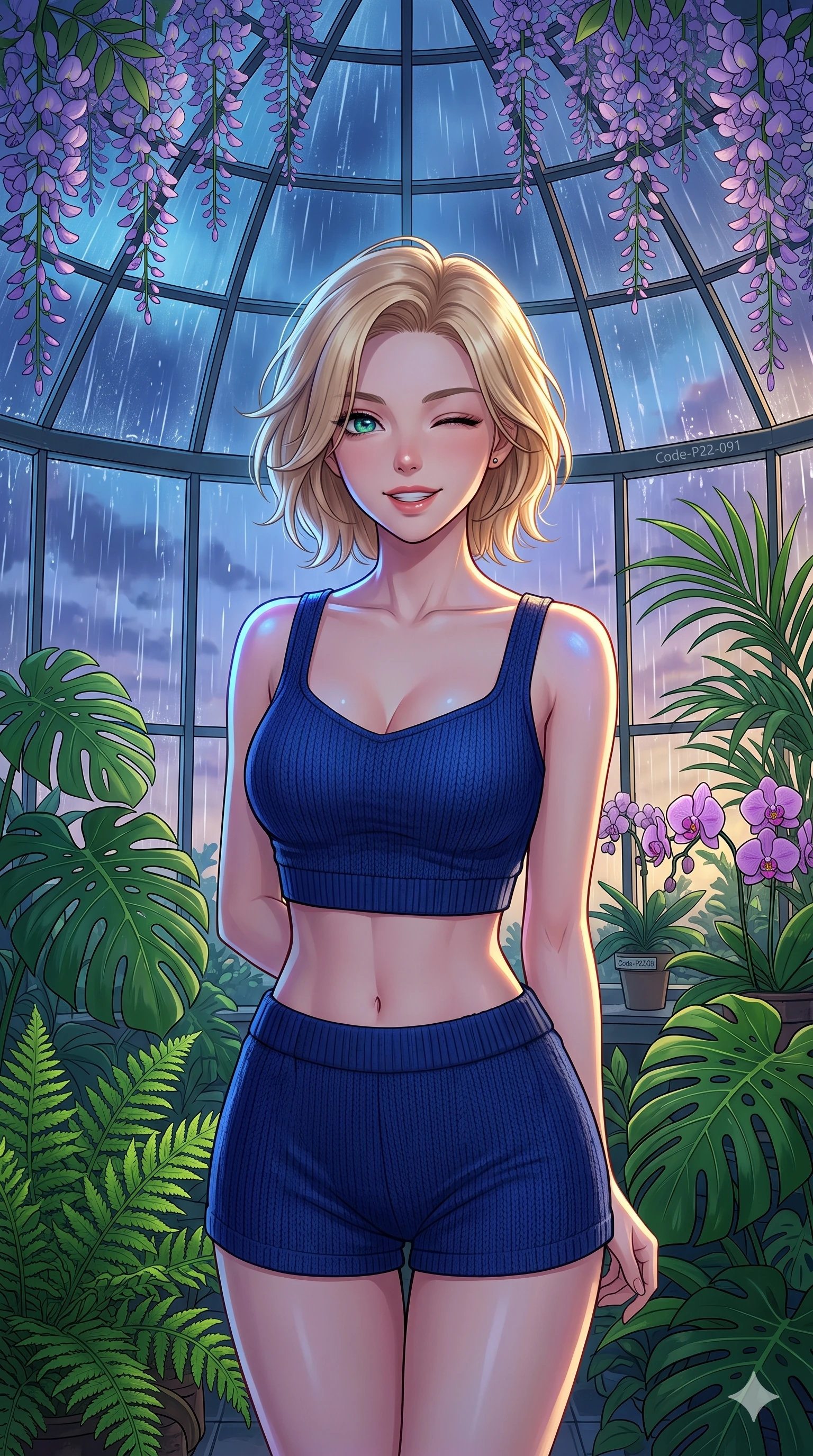 score_9, masterpiece, best quality, ultra-detailed, high-budget anime keyframe, vibrant anime aesthetic, Caucasian woman, strictly human ears. close-up cowboy shot from the waist and thighs up, the character dominates the composition, filling the frame with her large presence, background elements kept in soft focus. She is standing under wisteria vines, winking with a cheerful and lively face, looking directly into the lens standing amidst vibrant green ferns. inside a glass greenhouse dome filled with tropical monstera and orchids, with heavy rain pouring outside on the glass panels (Code-P22-091). She has an absolutely perfect proportion, an exceptionally elegant and slender female figure with an ultra-slim waist. V-shaped jawline, high-bridge nose, intricate jewel-like eyes with depth, thick eyelashes, glossy lips with a natural sheen. wearing a cropped knit top paired with matching knit shorts in midnight blue. She is lit by vibrant twilight sky reflections, tracing her shoulders and neckline, outlining her elegant silhouette inside the glass pavilion. 2k, ultra detail, master piece, 9:16 ratio