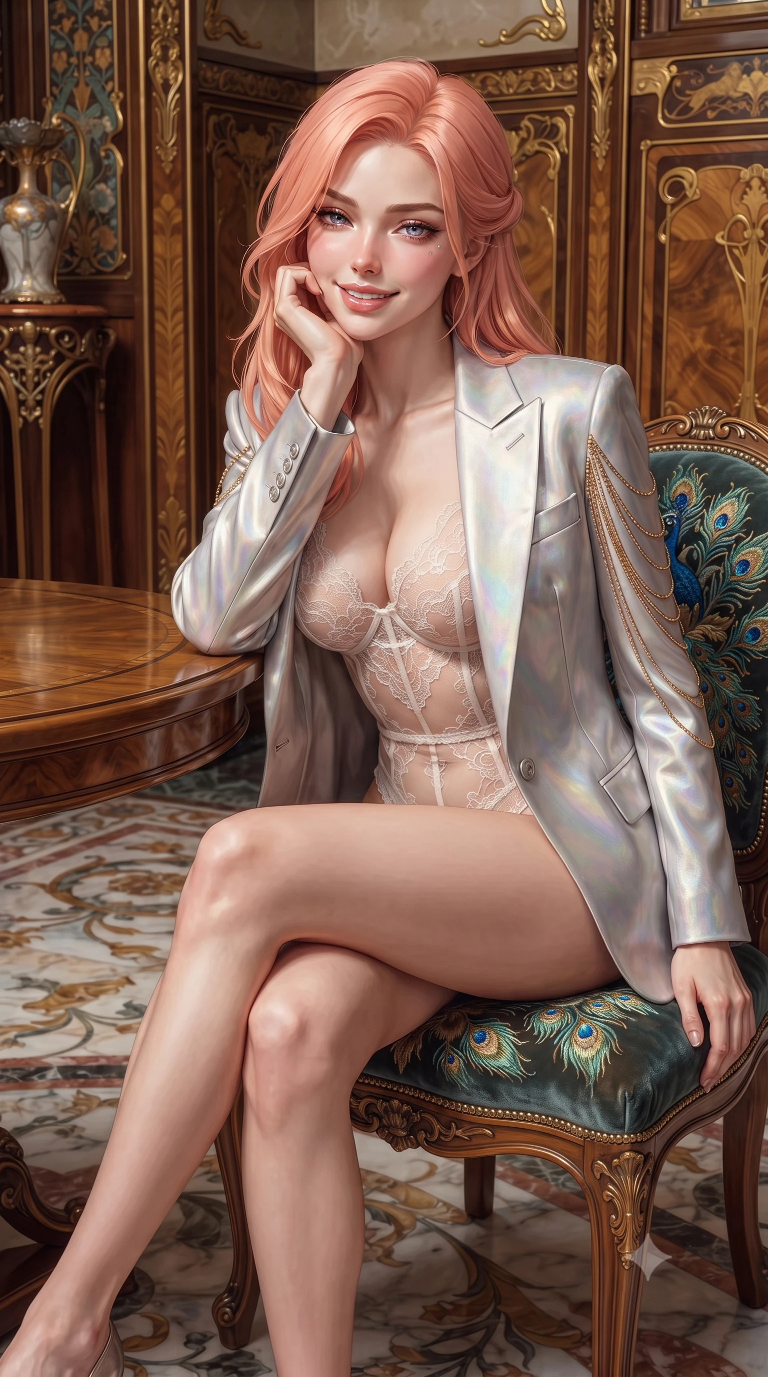 score_9, masterpiece, best quality, ultra-detailed, high-budget anime keyframe, editorial fashion photography, tasteful artistic composition, Japanese woman. close-up cowboy shot from the waist and thighs up, the character dominates the composition, filling the frame with her large presence. resting one elbow on the table and supporting her chin, leaning close to the camera with heavy-lidded sparkling eyes and parted lips while sitting gracefully on the peacock-embroidered velvet armchair with legs crossed, her statuesque 8.5-heads silhouette commanding the sanctuary. The surrounding environment is rendered in vivid detail and crisp panoramic clarity: detailed garment folds, intricate lace or tailored seams, and master Secessionist craft in razor-sharp precision. She has an exceptionally elegant, slender, and willowy female figure with an ultra-slim waist, flat toned midriff, narrow ribcage, and sculpted feminine hips creating an alluring, slim hourglass silhouette without bulk. sharp v-shaped jawline, high-bridge nose, intricate jewel-like sparkling eyes with depth, thick eyelashes, glossy parted lips with a natural peach sheen, bright cheerful beaming smile with an enchanting and coquettish sensual glint, exuding both youthful cute charm and seductive allure, flawlessly proportioned anatomical accuracy, strict slender model proportions, natural body alignment, perfectly sculpted long slender limbs, ultra-slim waistline, clean dynamic posture without body distortion. wearing a delicate sheer French Chantilly lace teddy layered under an open tailored tuxedo blazer draped over bare shoulders in liquid molten silver and iridescent mother-of-pearl, crafted from bespoke double-faced cashmere with an exceptionally soft tactile finish, accented with an open-back drape framed by falling strands of delicate gold chains, the liquid-tight tailored fabric clinging flawlessly to her narrow waist and rounded feminine hips, emphasizing every millimeter of her sculpted slim hourglass curves without any bulky heaviness. illuminated by marble floor reflection bounce and sharp rose-gold rim lights sculpting her jawline, narrow waist, and curvy hips. ultra-reflective glossy finish, specular highlights, rich textural contrasts, high-contrast stereoscopic depth, volumetric dynamic lighting, 2k, ultra detail, master piece, 9:16 ratio