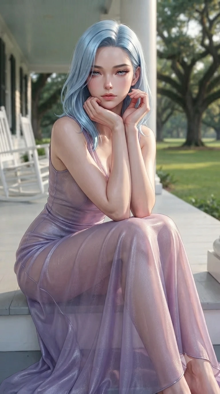 score_9, masterpiece, best quality, ultra-detailed, high-budget anime keyframe, editorial fashion photography, tasteful artistic composition, Korean woman woman. close-up cowboy shot from the waist and thighs up, the character dominates the composition, filling the frame with her large presence, background elements kept in soft focus. resting her chin on the backs of her fingers, casting a heavy-lidded, sultry look past the camera the background shows a soft-focus a wide white veranda with rocking chairs, overlooking a large green lawn with oak trees. She has an exceptionally elegant, slender, and willowy female figure with an ultra-slim waist, a gracefully sculpted slender torso, and a refined silhouette. sharp v-shaped jawline, high-bridge nose, intricate jewel-like eyes with depth, thick eyelashes, glossy lips with a natural sheen. wearing a form-contouring semi-transparent chiffon maxi dress in lavender, showing her silhouette through the sheer fabric. soft late afternoon sunbeams casting a nostalgic, peaceful glow. ultra-reflective glossy finish, specular highlights, metallic sheen, high-contrast stereoscopic depth, volumetric dynamic lighting, 2k, ultra detail, master piece, 9:16 ratio