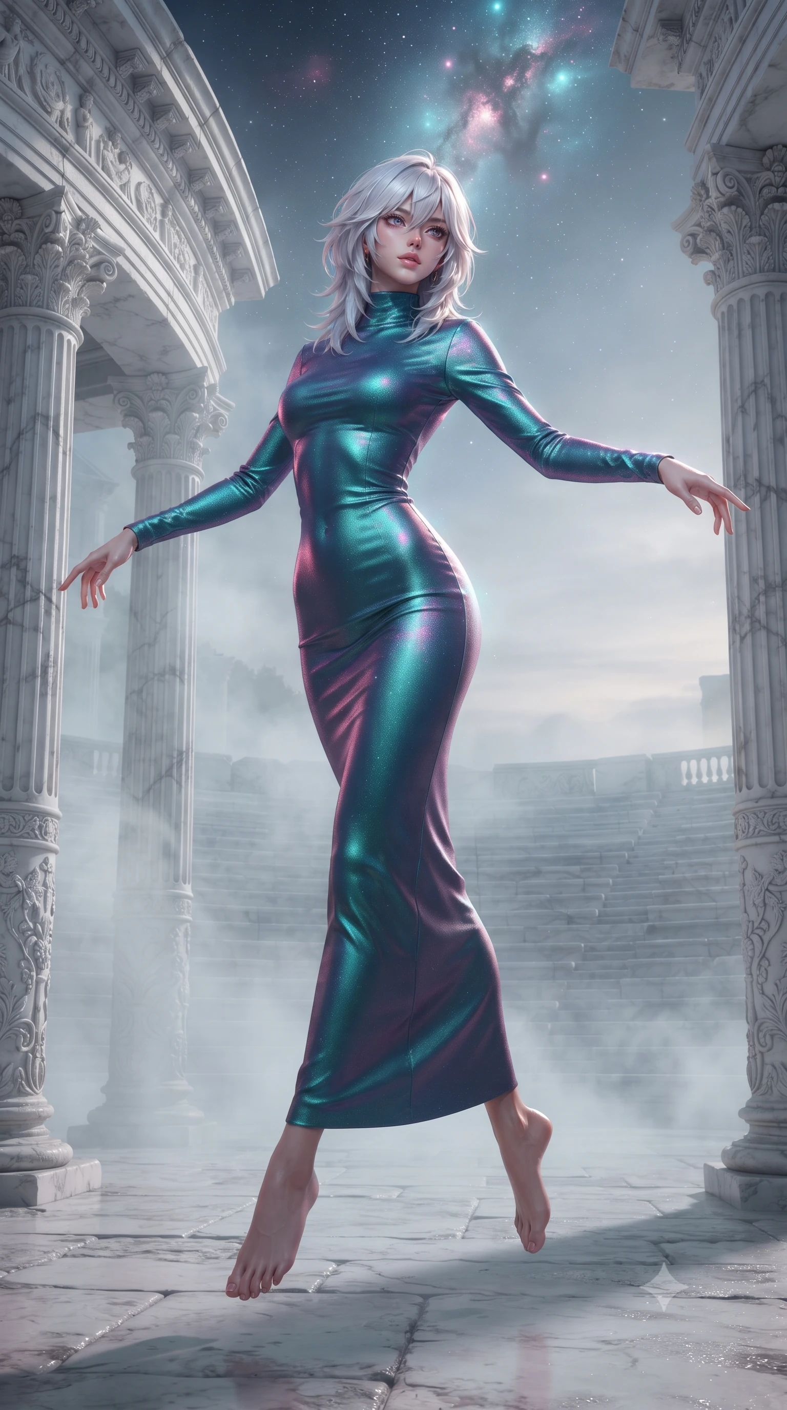 score_9, masterpiece, best quality, ultra-detailed, high-budget anime keyframe, editorial fashion photography, tasteful artistic composition, Japanese woman. low angle full-body shot from head to toe showing her feet, filling the entire 9:16 vertical frame with her statuesque presence, stretching her vertical silhouette. pirouetting mid-air inside an ancient white marble amphitheater at the first golden light of dawn with morning mist swirling between fluted Corinthian columns and dew glistening on every carved stone surface. She has a statuesque 8.5-heads proportion, an exceptionally tall, slender and willowy model-like build with impossibly long legs and a highly sculpted ultra-slim waist. sharp v-shaped jawline, high-bridge nose, intricate jewel-like eyes with depth, thick eyelashes, glossy lips with a natural sheen. wearing a figure-hugging mock-turtleneck gown in a shifting peacock-blue silk fabric, hugging her slender figure from neck to ankle. starlight and nebula glow casting soft cosmic pink and cyan highlights on her form. 2k, ultra detail, master piece, 9:16 ratio