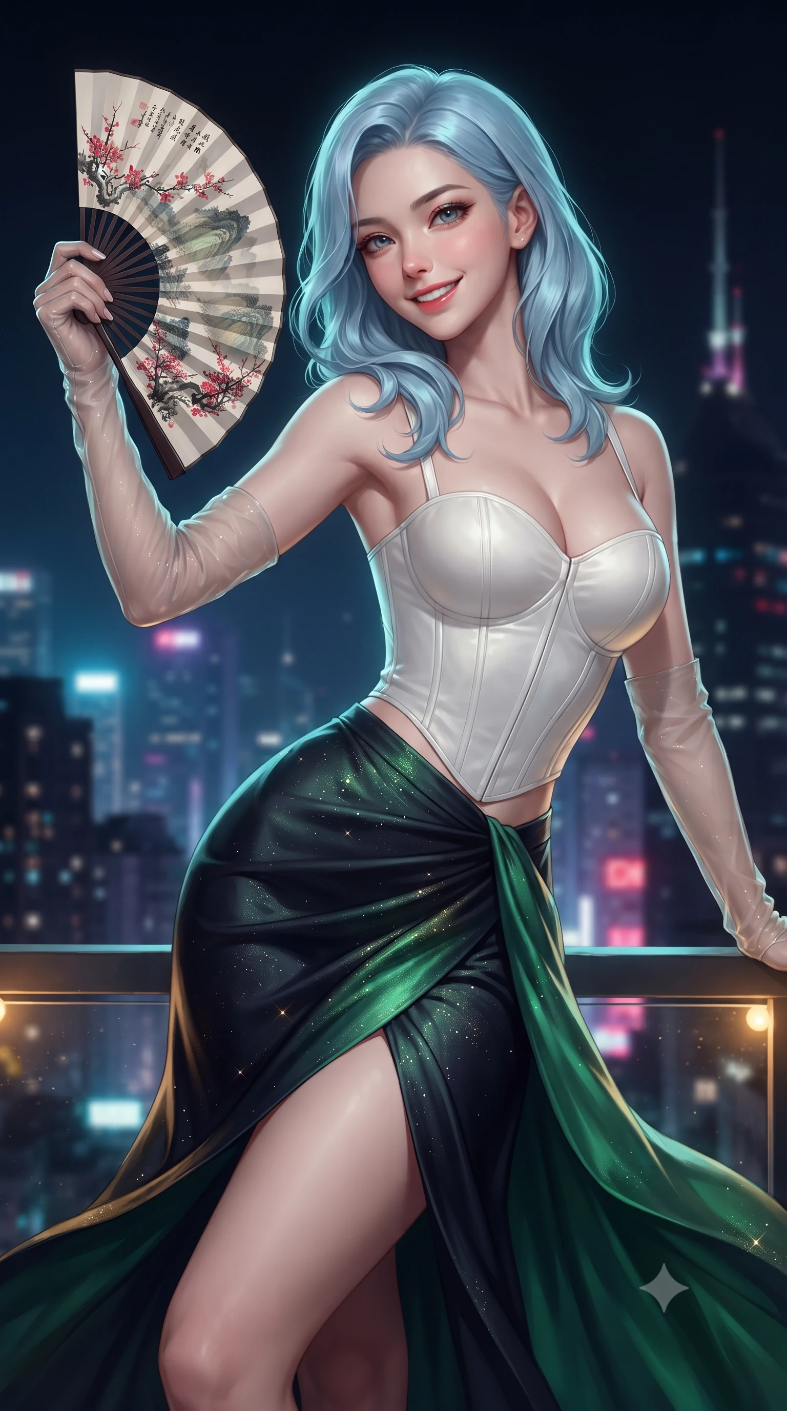 score_9, masterpiece, best quality, ultra-detailed, high-budget anime keyframe, editorial fashion photography, tasteful artistic composition, Korean woman. close-up cowboy shot from the waist and thighs up, the character dominates the composition, filling the frame with her large presence. playfully unfurling a painted silk fan toward the lens, her radiant smile capturing fresh girlhood charm while her arched torso reveals an intoxicating hip contour while standing poised on the high garden ledge above the neon canyon of Hong Kong, arching her back with fearless supermodel glamour. The background shows a soft-focus drifting urban mist and silhouetted high-rise antenna spires softened in iconic Hong Kong noir shallow focus. She has an exceptionally elegant, slender, and willowy female figure with an ultra-slim waist, flat toned midriff, narrow ribcage, and sculpted feminine hips creating an alluring, slim hourglass silhouette without bulk. sharp v-shaped jawline, high-bridge nose, intricate jewel-like dark sparkling almond eyes with depth, thick lashes, glossy parted lips with a natural rose-plum sheen, bright alluring and coquettish smile with bedroom-eyes, exuding both timeless oriental elegance and sovereign high-fashion allure, flawlessly proportioned anatomical accuracy, strict slender model proportions, natural body alignment, perfectly sculpted long slender limbs, ultra-slim waistline, clean dynamic posture without body distortion. wearing a tailored white porcelain-inspired structured corset top paired with an asymmetric flowing silk maxi skirt with a high slit in deep midnight obsidian and luminous imperial jade green, woven from metallic gold and silver thread casting subtle starlight glints, complemented by delicate sheer silk fingerless gloves reaching past her elbows, the liquid-tight tailored silk fabric clinging flawlessly to her narrow waist and rounded feminine hips, emphasizing every millimeter of her sculpted slim hourglass curves without any bulky heaviness. illuminated by rooftop garden amber accents and sharp laser-cyan rim lighting sculpting her razor-sharp jawline, narrow waist, and curvy hips. ultra-reflective glossy finish, specular highlights, rich textural contrasts, high-contrast stereoscopic depth, volumetric dynamic lighting, 2k, ultra detail, master piece, 9:16 ratio