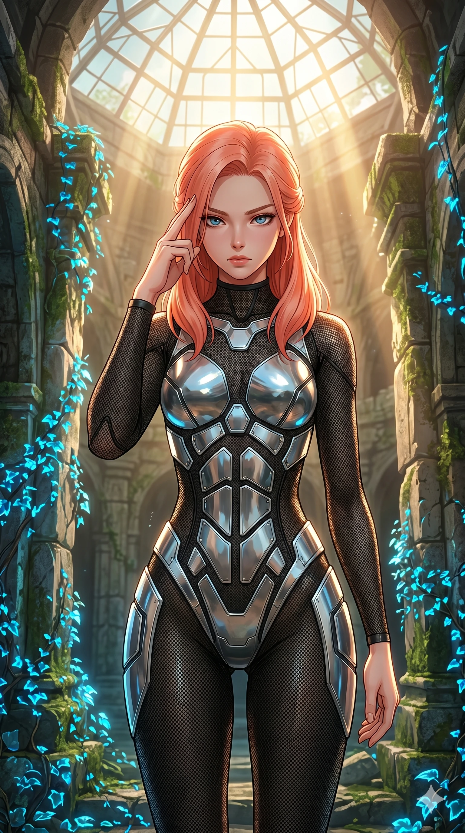 score_9, masterpiece, best quality, ultra-detailed, high-budget anime keyframe, editorial fashion photography, tasteful artistic composition, Japanese woman. cowboy shot from the thighs up, character and outfit filling the frame for maximum editorial presence. Pressing two fingers to her temple in a composed thoughtful gesture amidst a sanctuary of ancient stone ruins wrapped in glowing blue ivy. She has an absolutely perfect 8-heads proportion, an exceptionally tall and slender female figure with impossibly long slender legs and an ultra-slim waist. V-shaped jawline, high-bridge nose, intricate jewel-like eyes with depth, thick eyelashes, glossy lips with a natural sheen. wearing a full-length catsuit in black technical mesh with strategic silver-chrome panel plates covering the chest and hips in an architectural pattern. drenched in cinematic god-ray sunlight descending from a vaulted glass ceiling, illuminating her form. 2k, ultra detail, master piece, 9:16 ratio